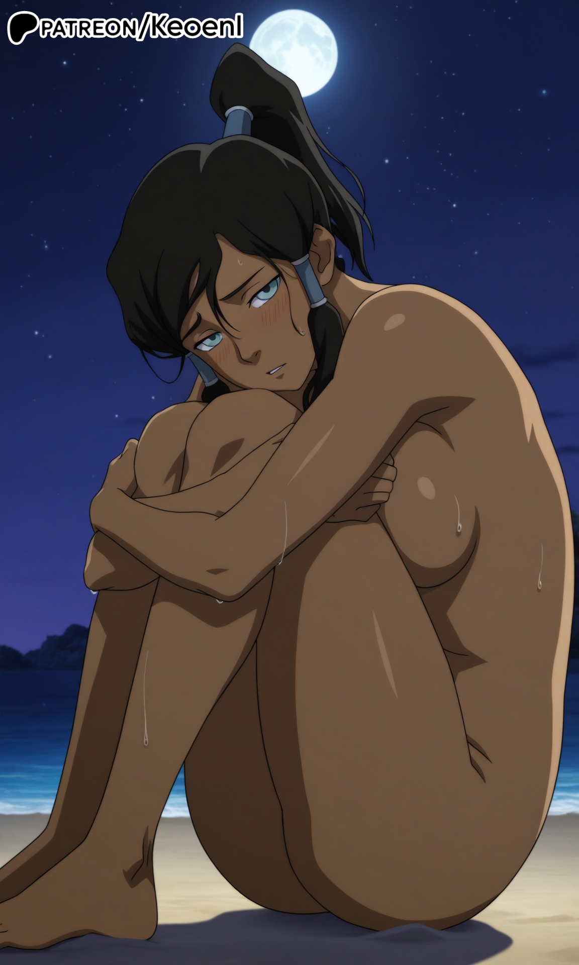 1girls, ai generated, avatar legends, barefoot, beach, bed, big breasts, blue eyes, blush, breasts, brown hair, brown skin, completely nude, dark skin, dark-skinned female, feet, female, female only, happy, hi res, hugging legs, indoors, keoenl, knees, korra, legs, looking at viewer, moon, moonlight, nighttime, nude, nude female, outdoors, patreon, patreon username, ponytail, sea, side view, sitting, sweat, sweating, the legend of korra, thick thighs, tied hair
