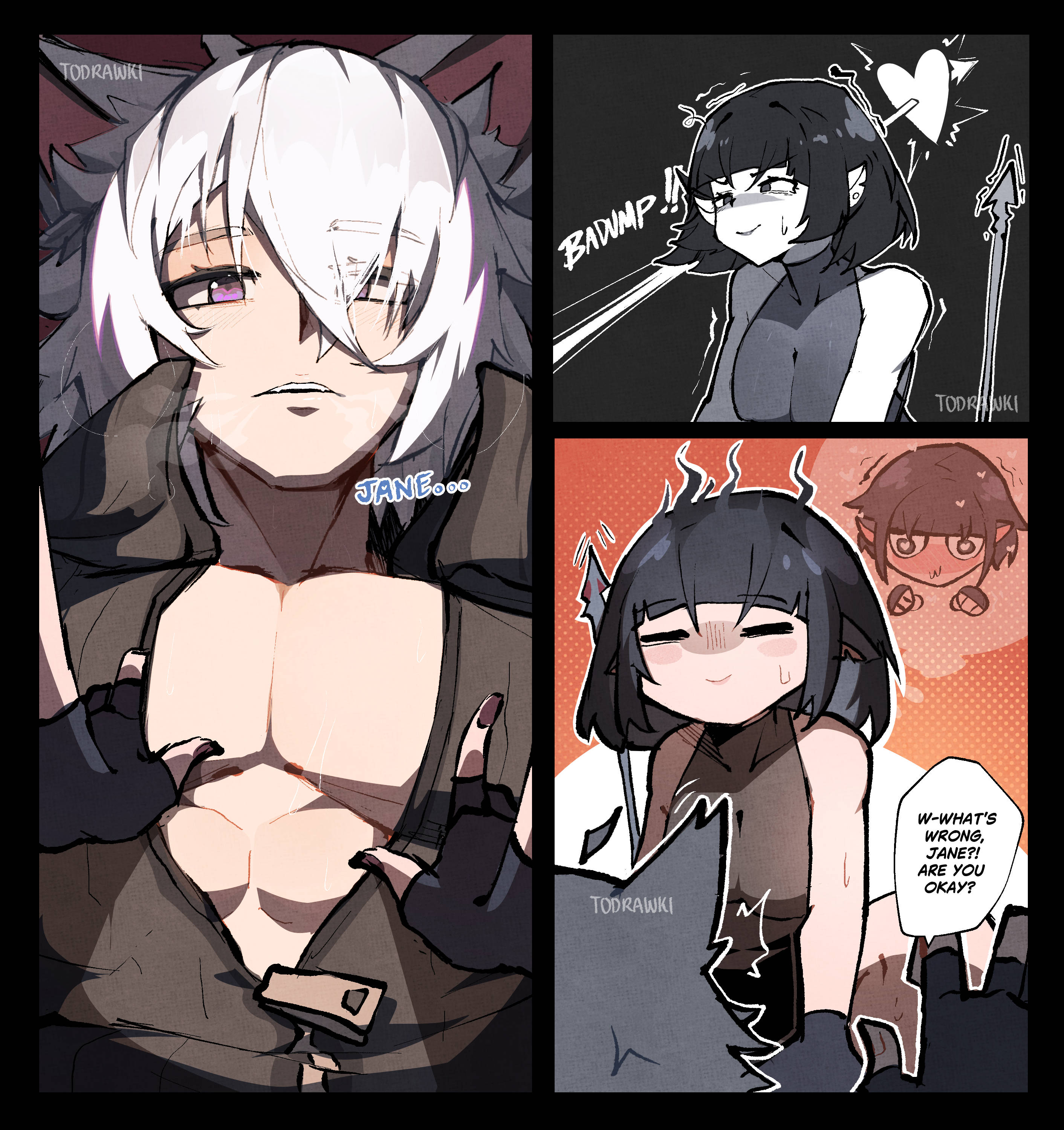 1boy, 1girls, before sex, cat boy, cat ears, clothed, female, female pov, jane doe (zenless zone zero), male, motion lines, muscular, muscular male, nervous, pectorals, pov, pov female, rat ears, rat girl, rat tail, seth lowell, todrawki, white hair, zenless zone zero
