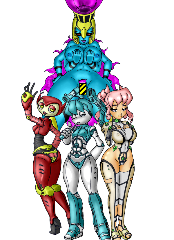 4girls danny_phantom female gynoid jenny_wakeman multiple_girls my_life_as_a_teenage_robot pandora_(danny_phantom) smooth_skin teenager vega_(mlaatr) wink xj-9