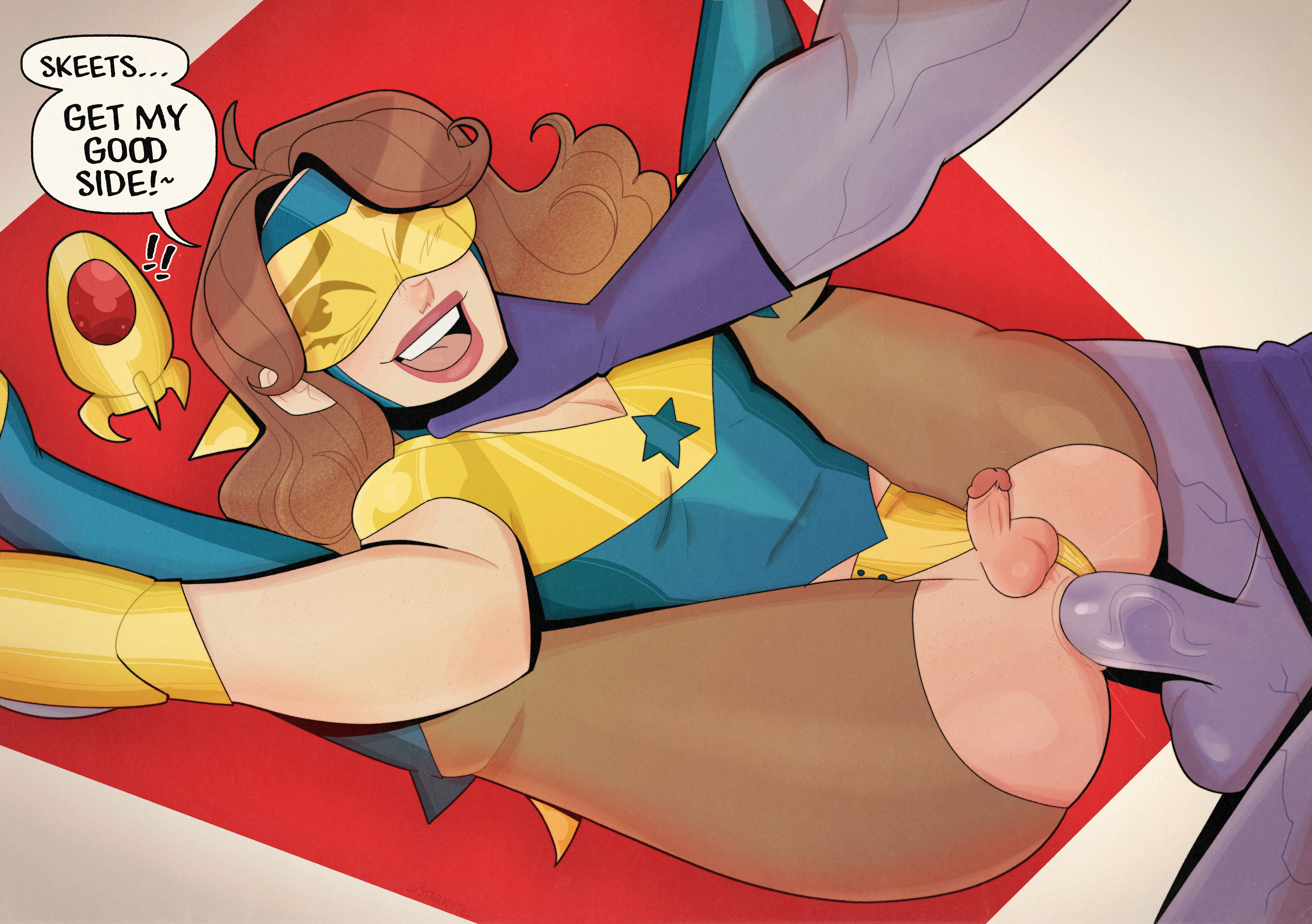2boys, alternate universe, anal, anal sex, artist name, artist signature, ass, balls, big ass, big balls, big butt, big penis, booster gold, boots, brown hair, choking, costume, darkseid, dc, dc comics, femboy, fingerless gloves, freckles, gay, gloves, goggles, legs over head, legs up, male, male on femboy, mostly clothed, oc, ombre hair, original character, penis, skeets, small balls, small penis, starbryte, superhero, superhero costume