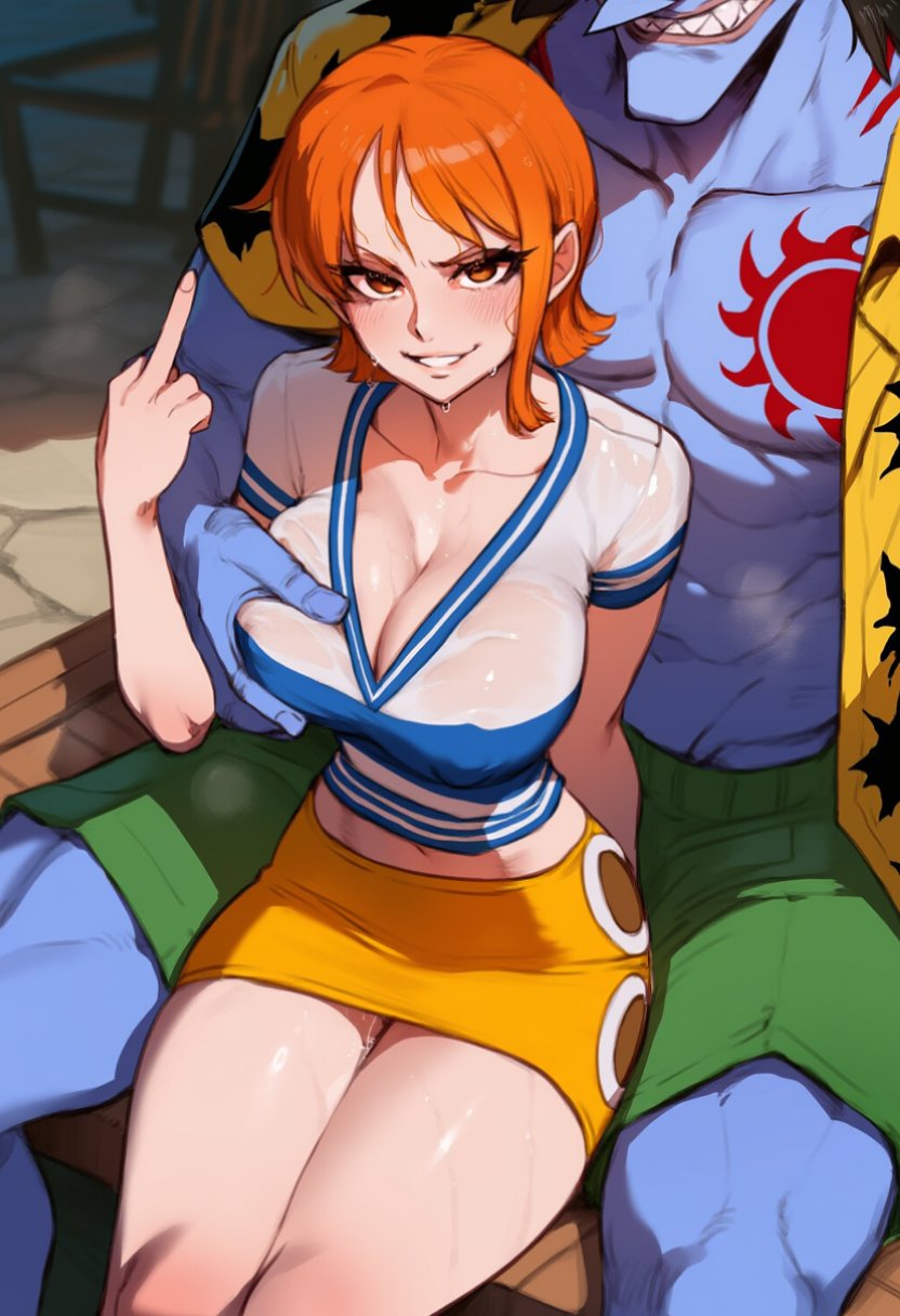 1boy, 1girls, ai generated, arlong, behind another, big breasts, blue skin, breasts, chest tattoo, clothing, female, grabbing from behind, groping, interspecies, looking at viewer, male, middle finger, midriff, nami (one piece), netorare, ntr, one piece, orange hair, orange-haired female, sfw, skirt, smirk, sweat, tattoo, yumerush