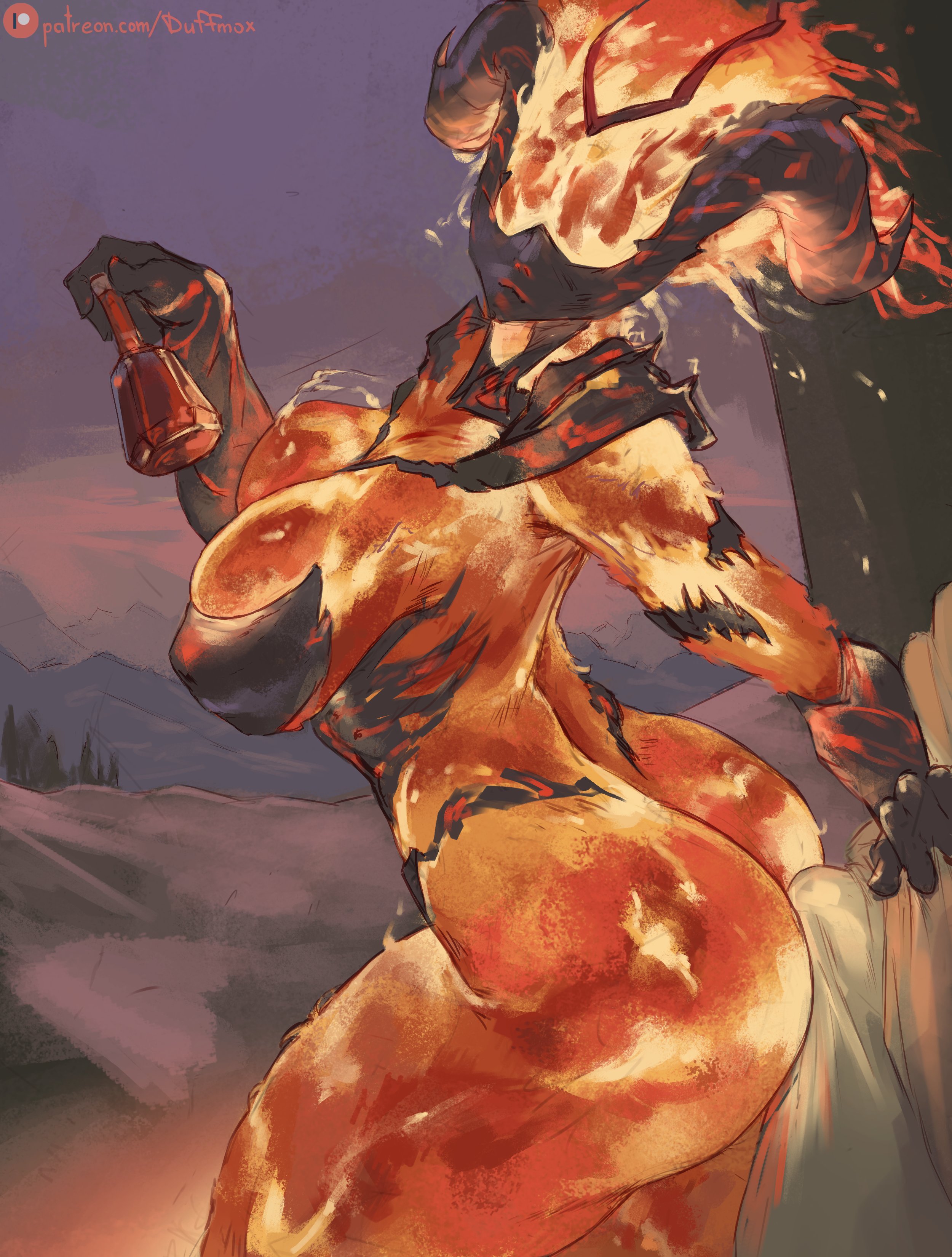 1boy, 1girls, ass, breasts, bulge, cleavage, daedra, duffmox, elemental creature, female, flame atronach, grinding, horns, humanoid, large ass, looking back, male, skyrim, standing, tagme, the elder scrolls, thighs