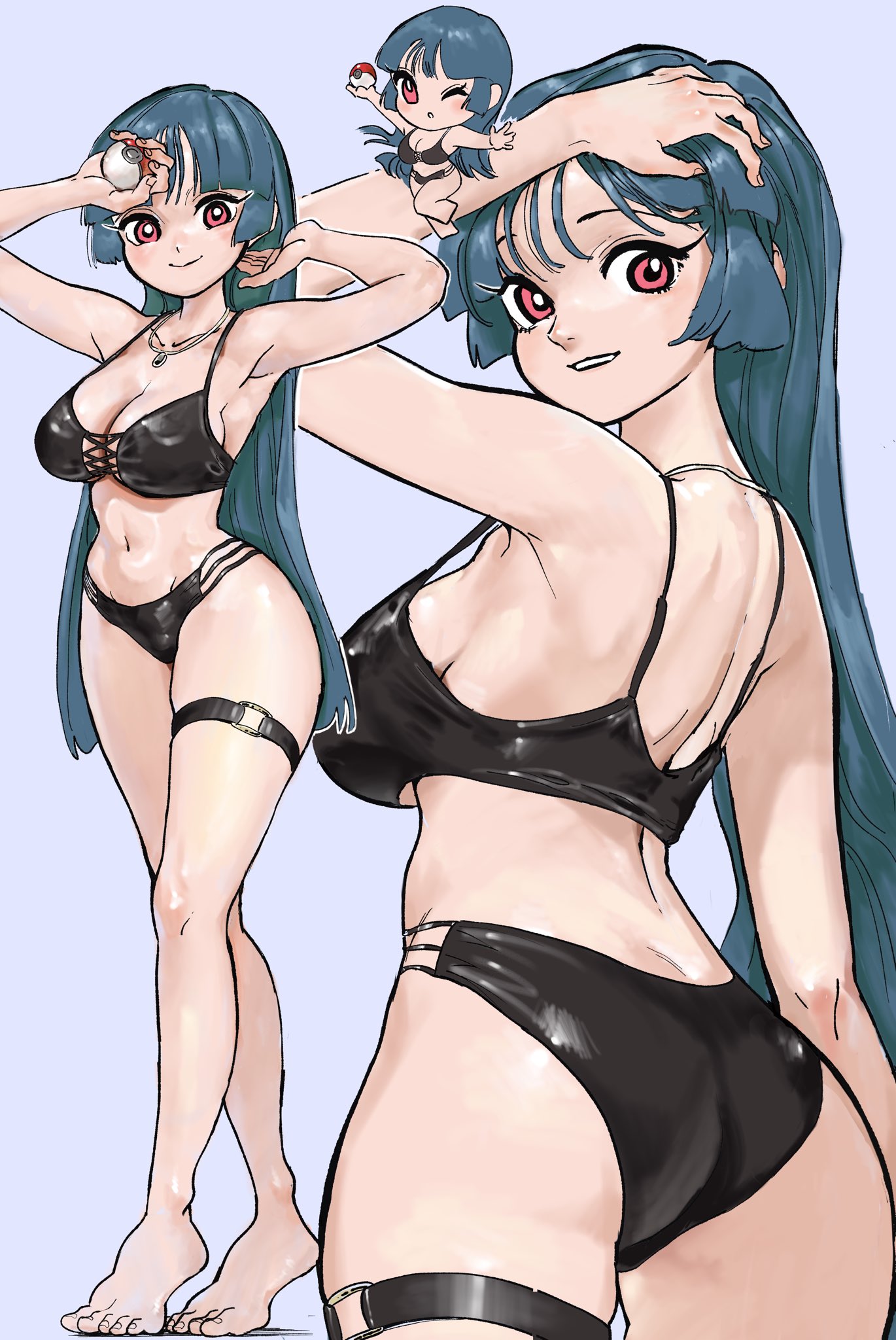 1girls, ass, bare shoulders, barefoot, bikini, black bikini, black hair, blue hair, blunt bangs, blush, breasts, chibi, cleavage, closed mouth, collarbone, female, game freak, highres, holding, holding poke ball, jewelry, large breasts, long hair, looking at viewer, natsume (pokemon), navel, necklace, nintendo, one eye closed, open mouth, poke ball, poke ball (basic), pokemon, pokemon frlg, red eyes, sabrina (pokemon), simple background, smile, stomach, sukoyaka tsukasa, swimsuit, sword, teeth, thigh strap, weapon