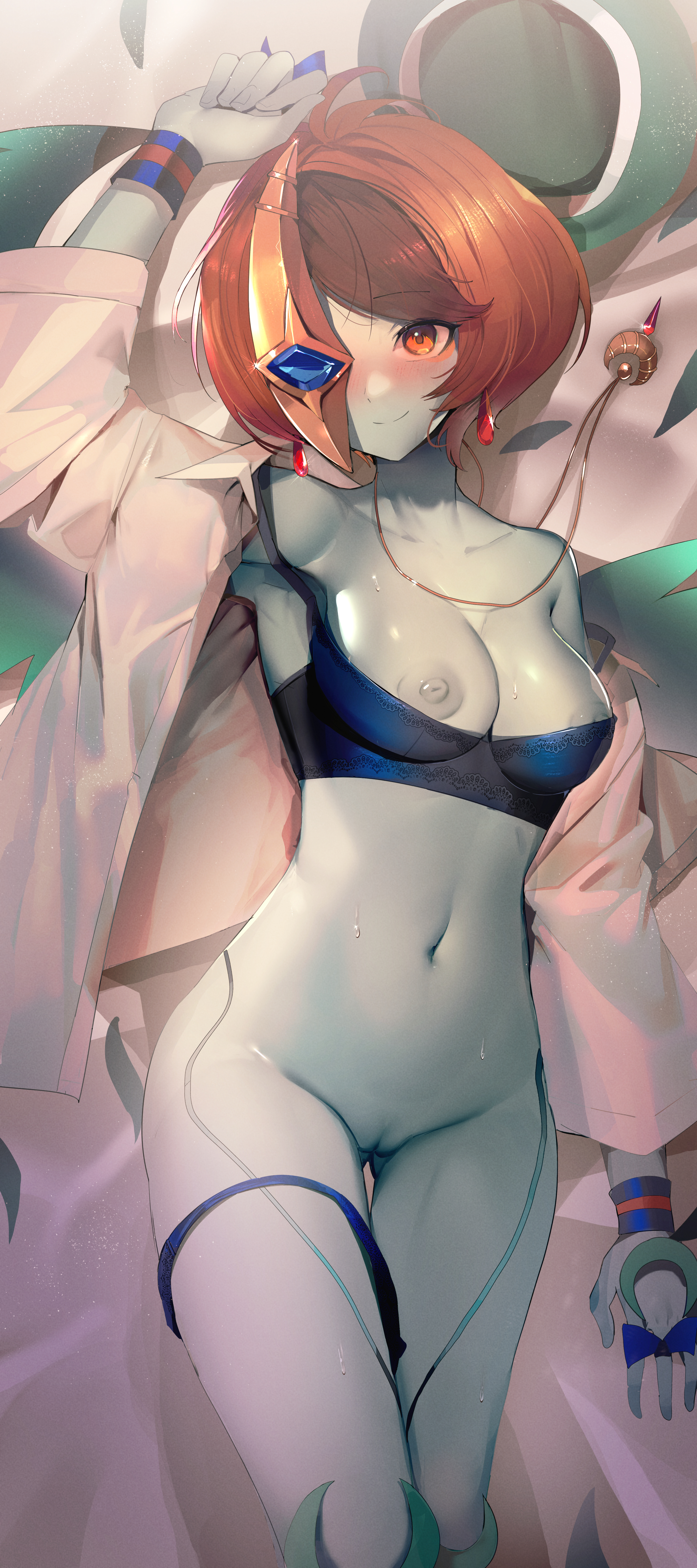 1girls, amber eyes, ass visible through thighs, blush, breasts, crescent moon mask, dakimakura design, duel monster, earrings, female, lunalight, lunalight emerald bird, mask, necklace, on back, on bed, pussy, ro g (oowack), smile, sweat, thigh gap, two-tone hair, uncensored, unusual skin color, yu-gi-oh!