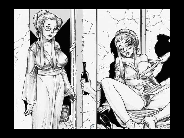 alcohol bar_maid_(milftoon_adventure) blush bottle breasts bucket covered_nipples drunk female female_pubic_hair fuk_yu glasses greyscale hair_bun japanese_clothes kimono large_breasts lipstick makeup milf milftoon_adventure monochrome panties pubic_hair pussy sake_bottle sidelocks single_hair_bun socks spread_legs underwear