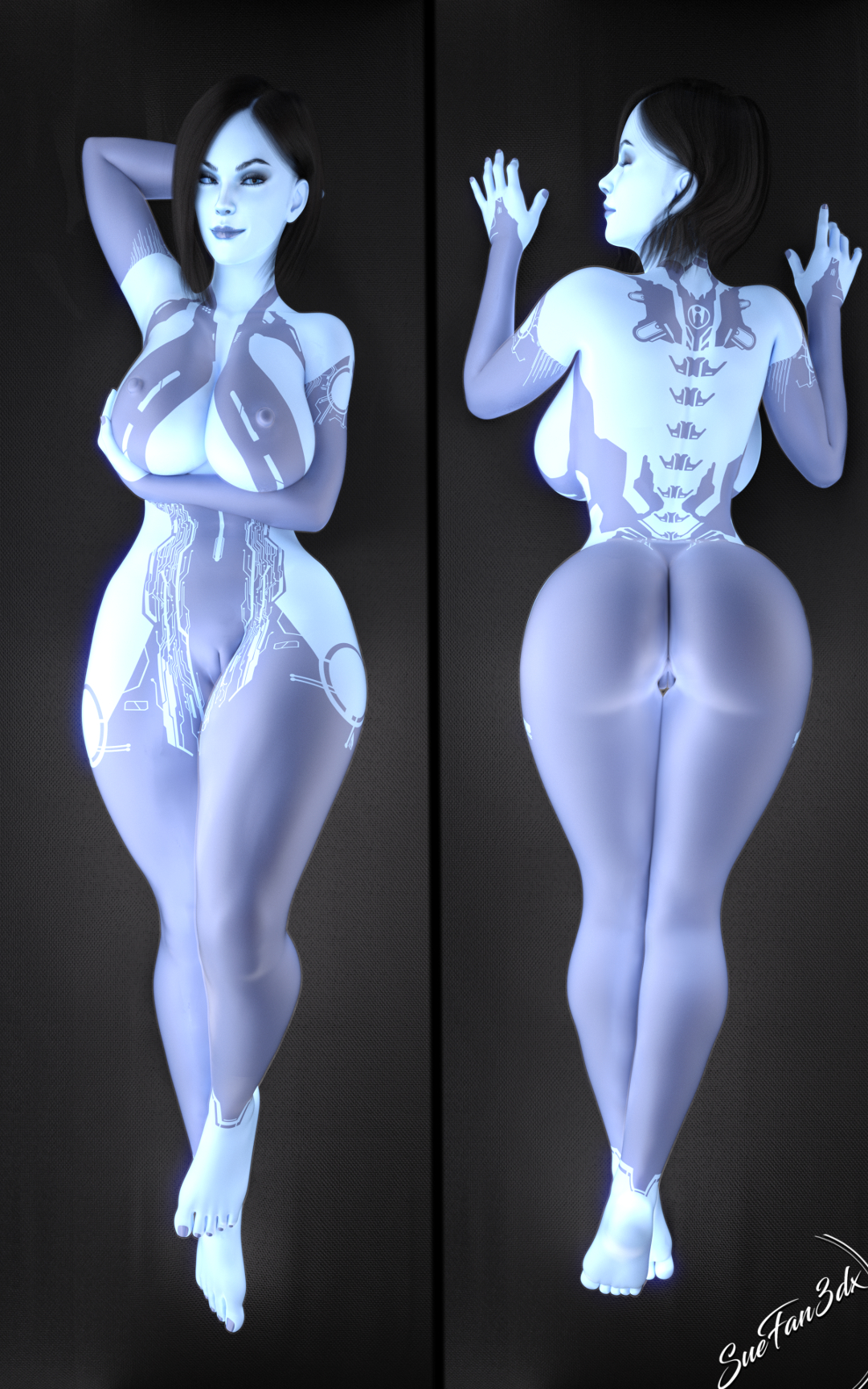1girls, 3d, 3d (artwork), ass, big ass, big breasts, biting lip, blender, blender (software), blue body, blue skin, bob cut, breasts, cortana, curvaceous, curvy, curvy figure, female, halo (game), halo (series), high resolution, highres, hips, hourglass figure, looking at viewer, nostrils, pinup, pinup pose, pose, posing, posing for the viewer, seductive, seductive look, solo, solo female, suefantasy3dx, thick thighs, video game character, video games, wide hips