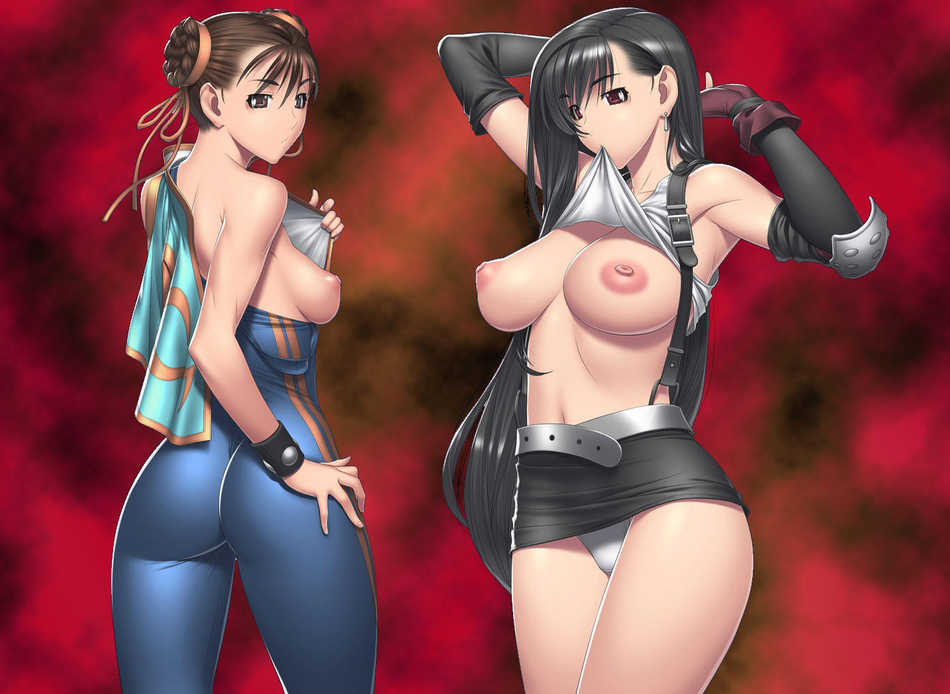 2girls ass bodysuit breasts chun-li crossover female female_only final_fantasy final_fantasy_vii human jumpsuit kansuke large_breasts multiple_girls panties straight_hair street_fighter street_fighter_alpha street_fighter_alpha_2 street_fighter_alpha_3 tifa_lockhart underwear