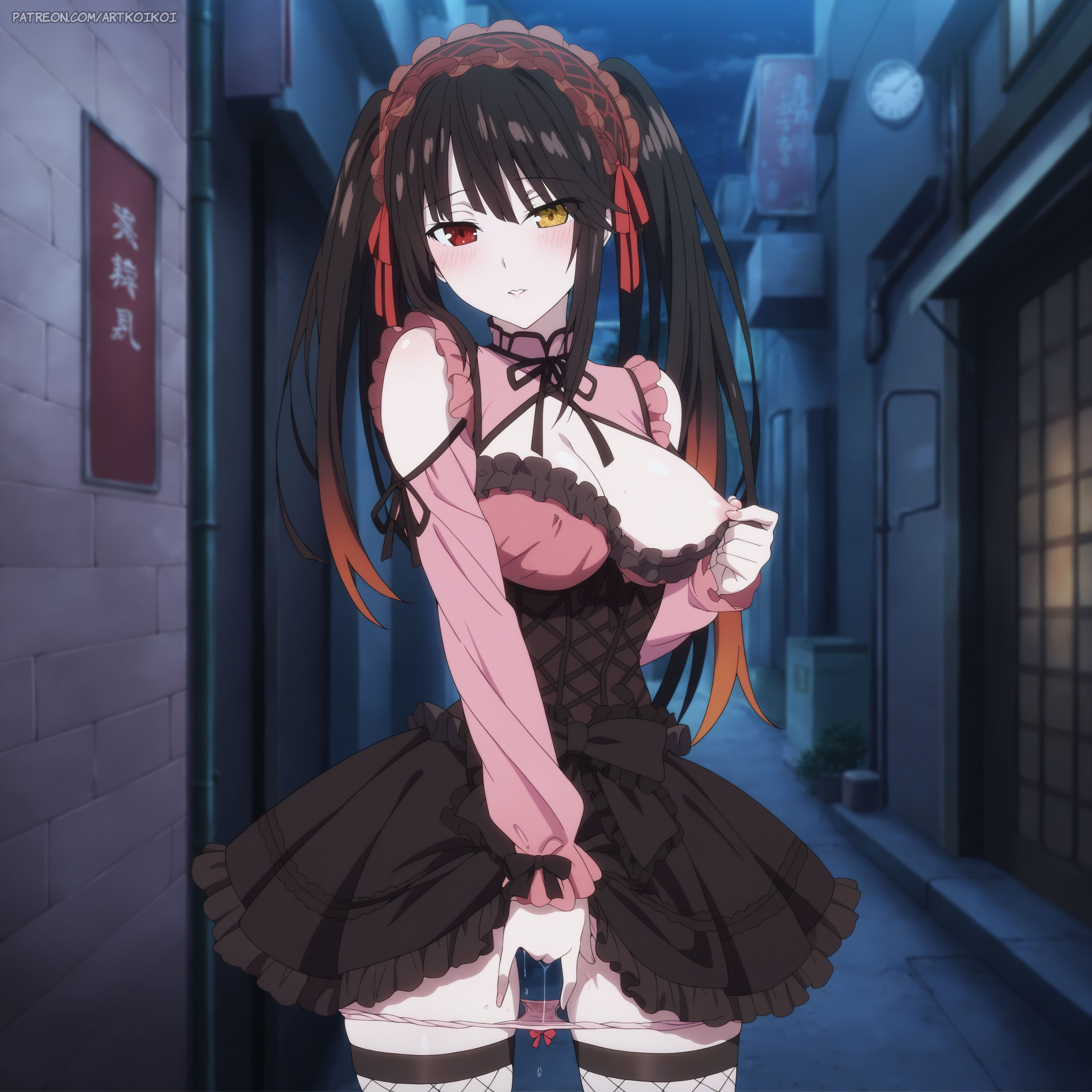 1girls, ai generated, artkoikoi, ass, ass focus, black hair, breasts, cum, date a live, female, female masturbation, fingering, fishnets, heterochromia, koikoi, large breasts, masturbation, nipple tweak, nipples, one breast out, panties, panties around leg, pussy, skirt, solo, standing masturbation, thighhighs, tokisaki kurumi, white skin