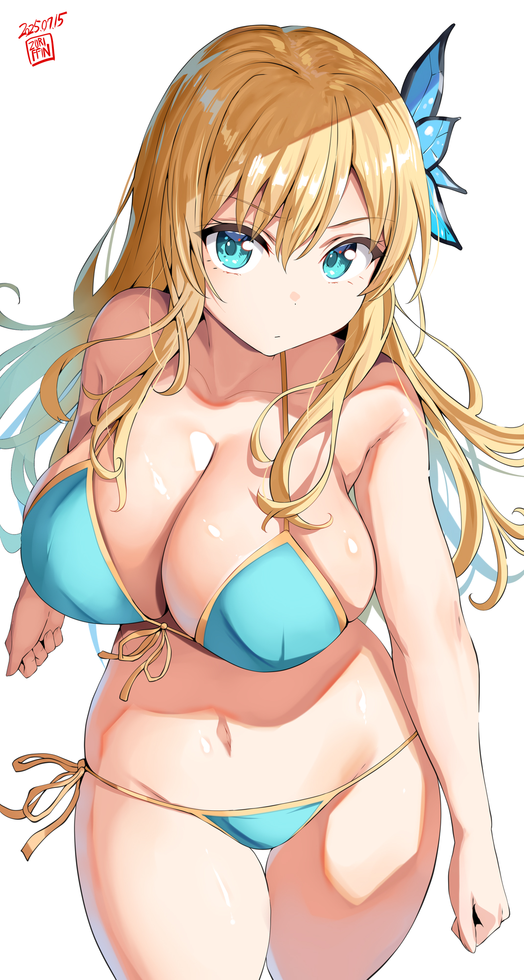 1girls, artist name, belko, bikini, blonde hair, blue bikini, blue eyes, blush, boku wa tomodachi ga sukunai, breasts, butterfly hair ornament, cleavage, collarbone, curvy, dated, female, groin, hair ornament, hi res, highres, hourglass figure, huge breasts, human, human female, kashiwazaki sena, large breasts, light-skinned female, long hair, looking at viewer, navel, open mouth, side-tie bikini bottom, simple background, slim waist, smile, stomach, swimsuit, teenager, thick thighs, thighs, white background, wide hips