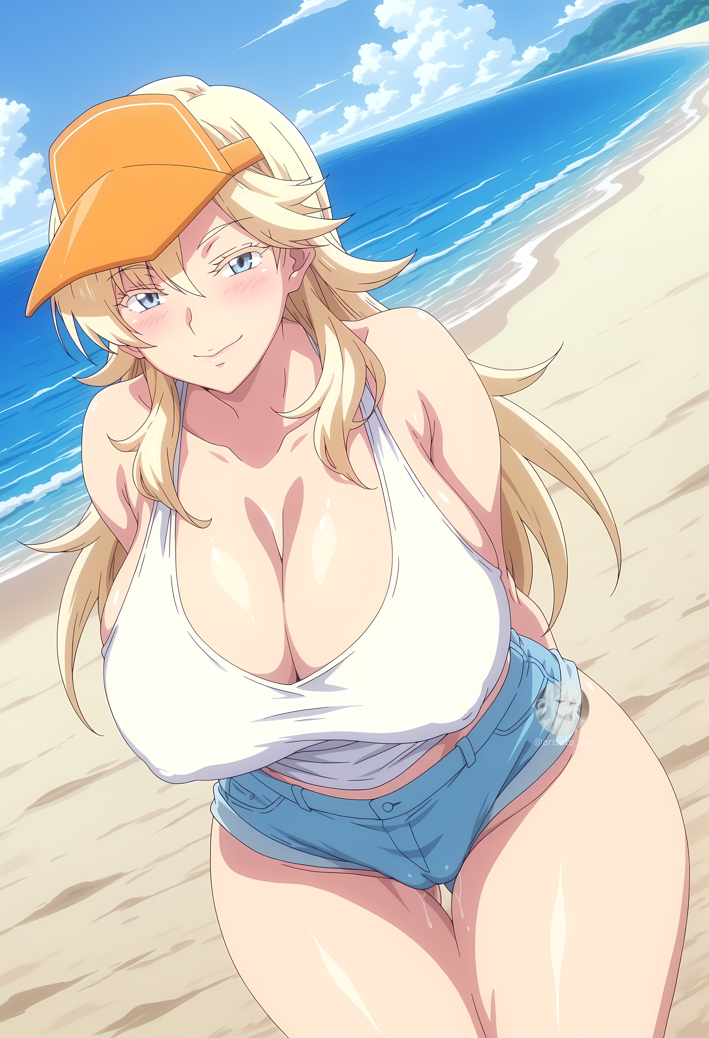 1girls, ai generated, arisato yu, beach, blonde hair, blush, copyright request, female, hands behind back, jpg, long hair, looking at viewer, nipple bulge, nudist beach ni shuugakuryokou de!! the animation, shorts, smiling at viewer, suomi-sensei, t-shirt, tagme, twitter link