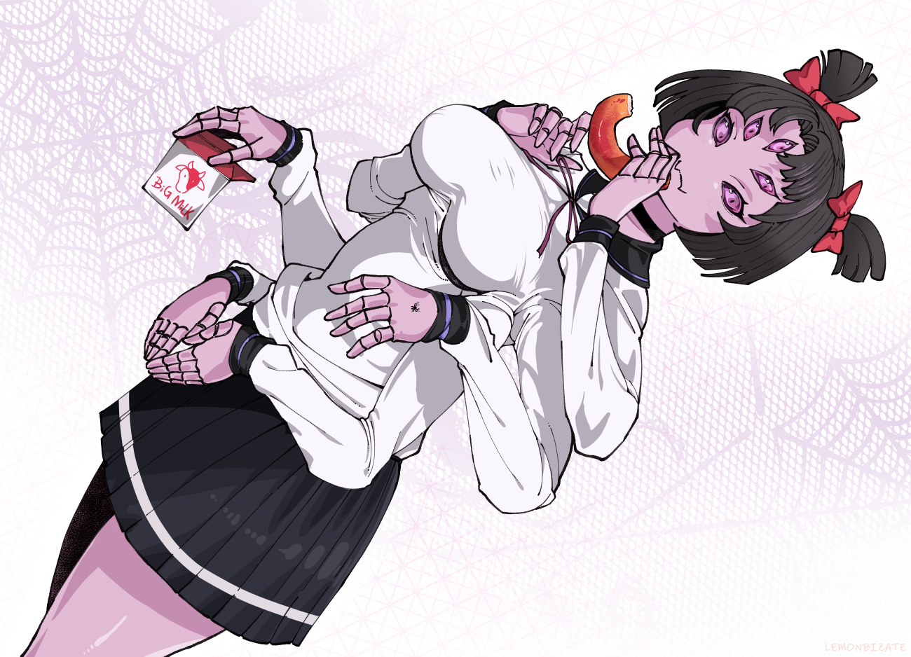 2021, 5 eyes, big breasts, breasts, clothed, clothing, donut, female, lemonbizate (artist), looking at viewer, milk carton, monster girl, muffet, multi eye, school uniform, schoolgirl, spider, spider girl, spider web, undertale, undertale (series)