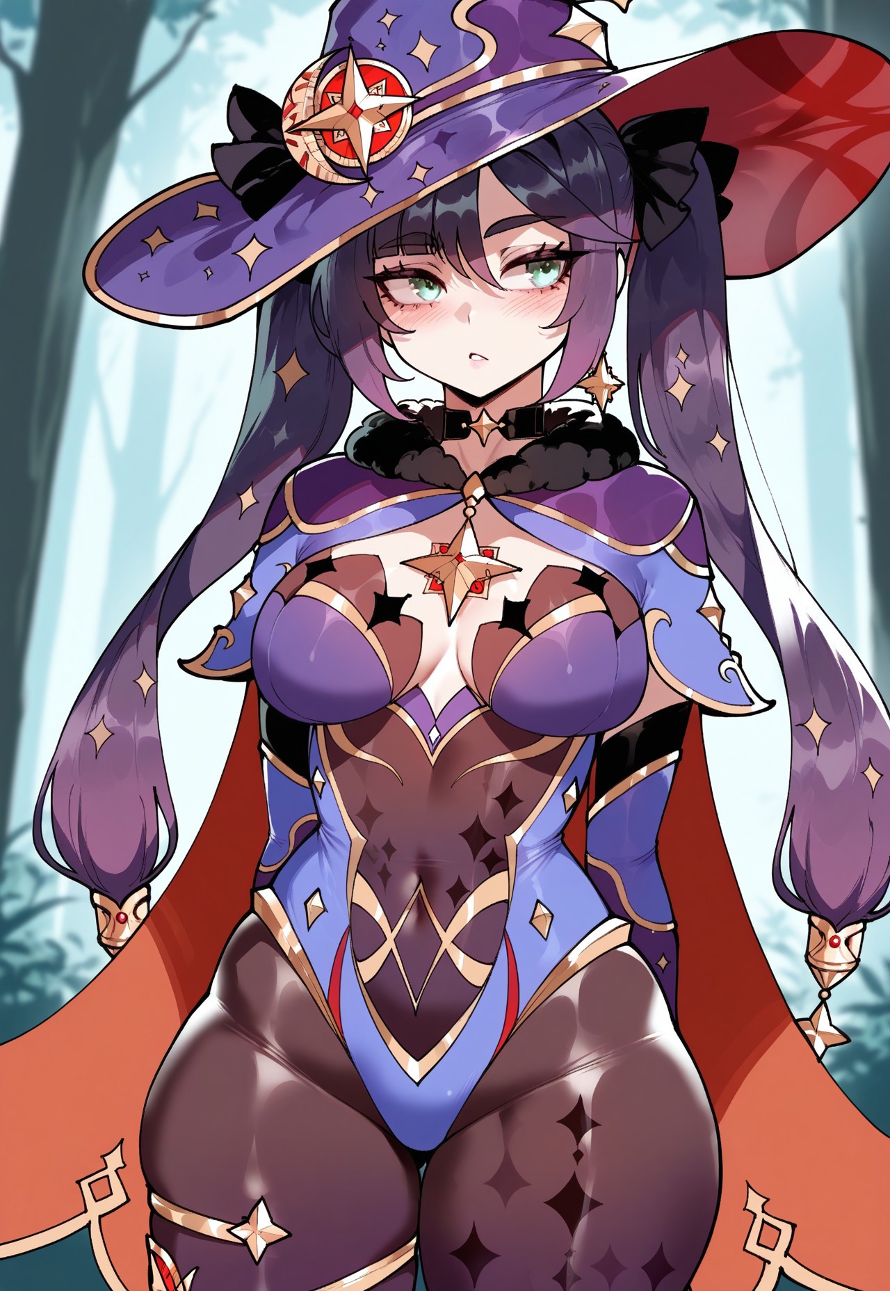 1girls, ai generated, ass, astrologist, big ass, big thighs, breasts, choker, civitai, cleavage, dug-lith-pls, earrings, female, female focus, female only, forest, forest background, genshin impact, hat, hoyoverse, large ass, large thighs, mona (genshin impact), pendant, purple hair, purple hat, purple witch hat, small breasts, solo, solo female, solo focus, stars in hair, tagme, teal eyes, thick ass, thick thighs, twintails, witch hat
