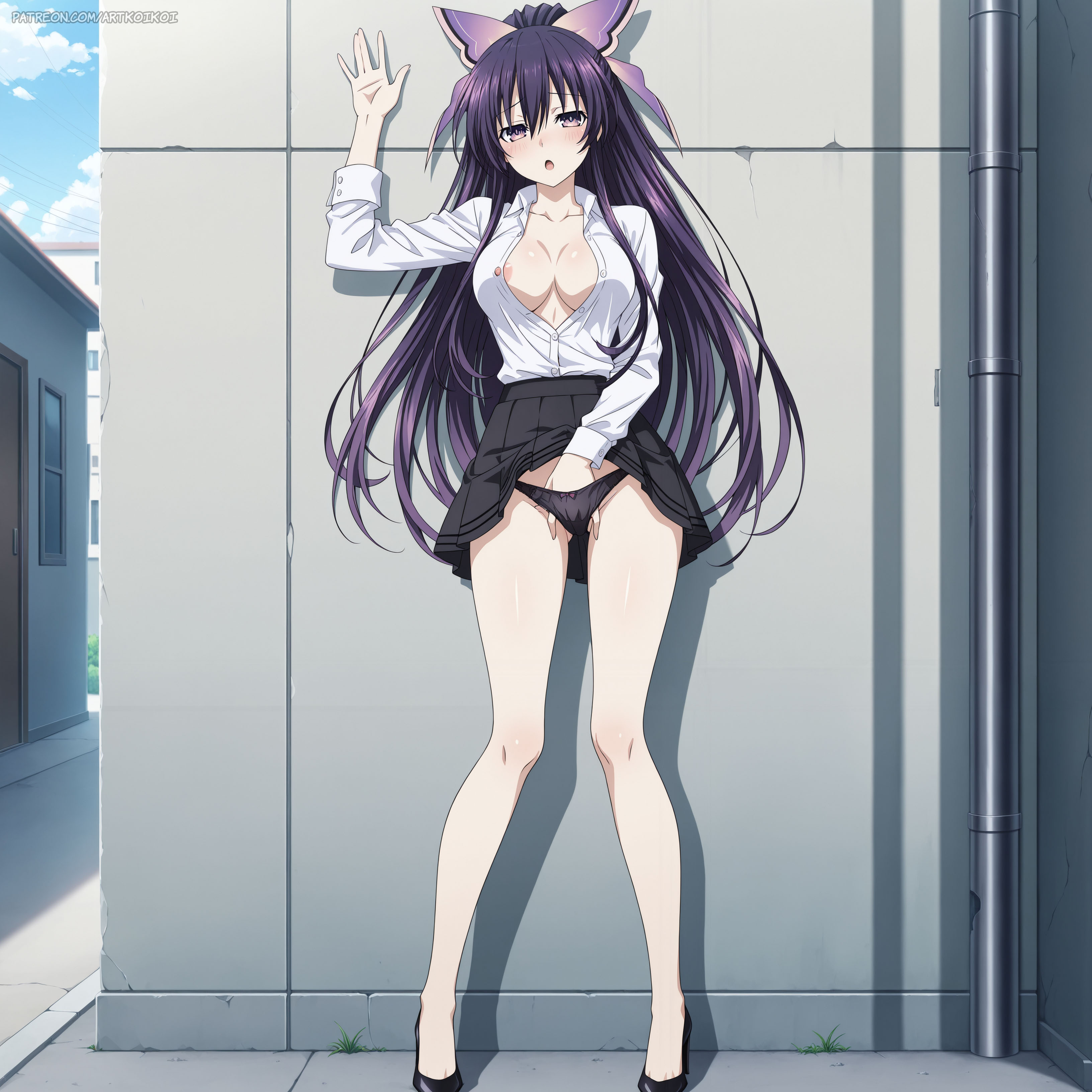 1girls, against wall, ai generated, areola slip, artkoikoi, breasts, date a live, female, female masturbation, fingering, fingering under clothes, full body, high heels, koikoi, large breasts, masturbation, outdoors, panties, ponytail, purple hair, pussy, skirt, skirt lift, solo, standing, standing masturbation, white skin, yatogami tohka