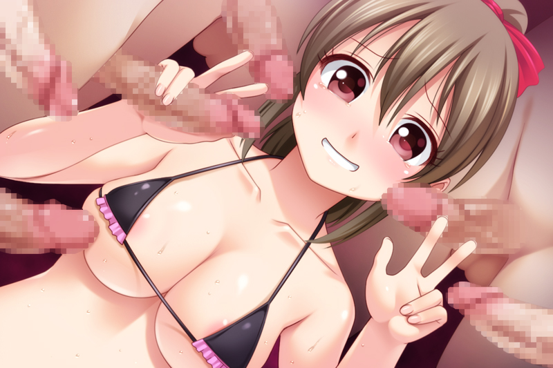 bikini blush breasts brown_hair censored double_v fujimiya_yuu grin handjob hori_yuuko idolmaster idolmaster_cinderella_girls large_breasts looking_at_viewer micro_bikini multiple_penises nipples penis ponytail red_eyes scrunchie smile sweat swimsuit tied_hair v