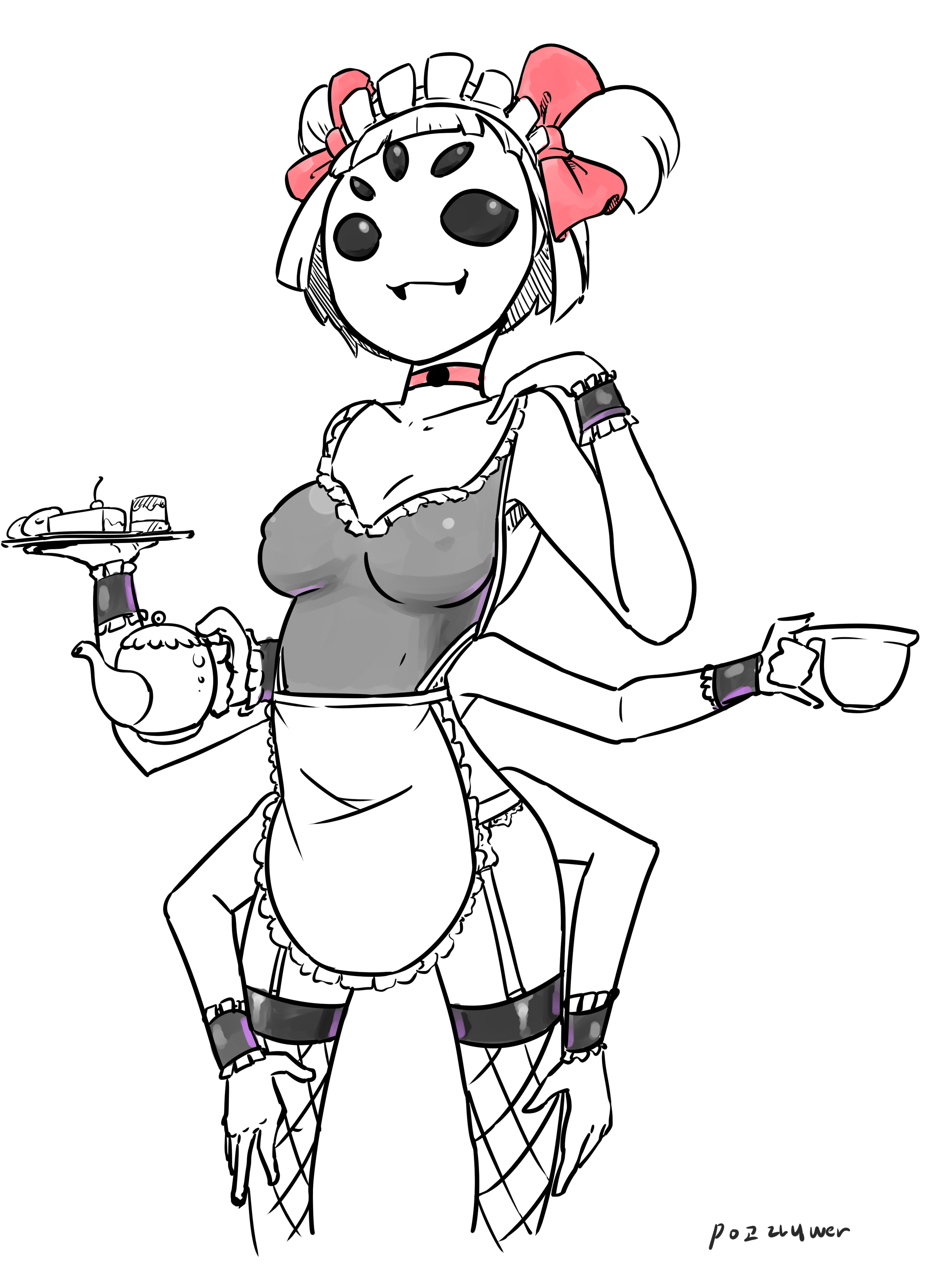 2016, 5 eyes, breasts, choker, clothed, donut, fangs, female, fishnets, maid, monochrome, monster girl, muffet, multi eye, nipples visible through clothing, pie, powergorani, pudding, ribbon, smile, spider girl, sweets, teacup, teapot, undertale, undertale (series)