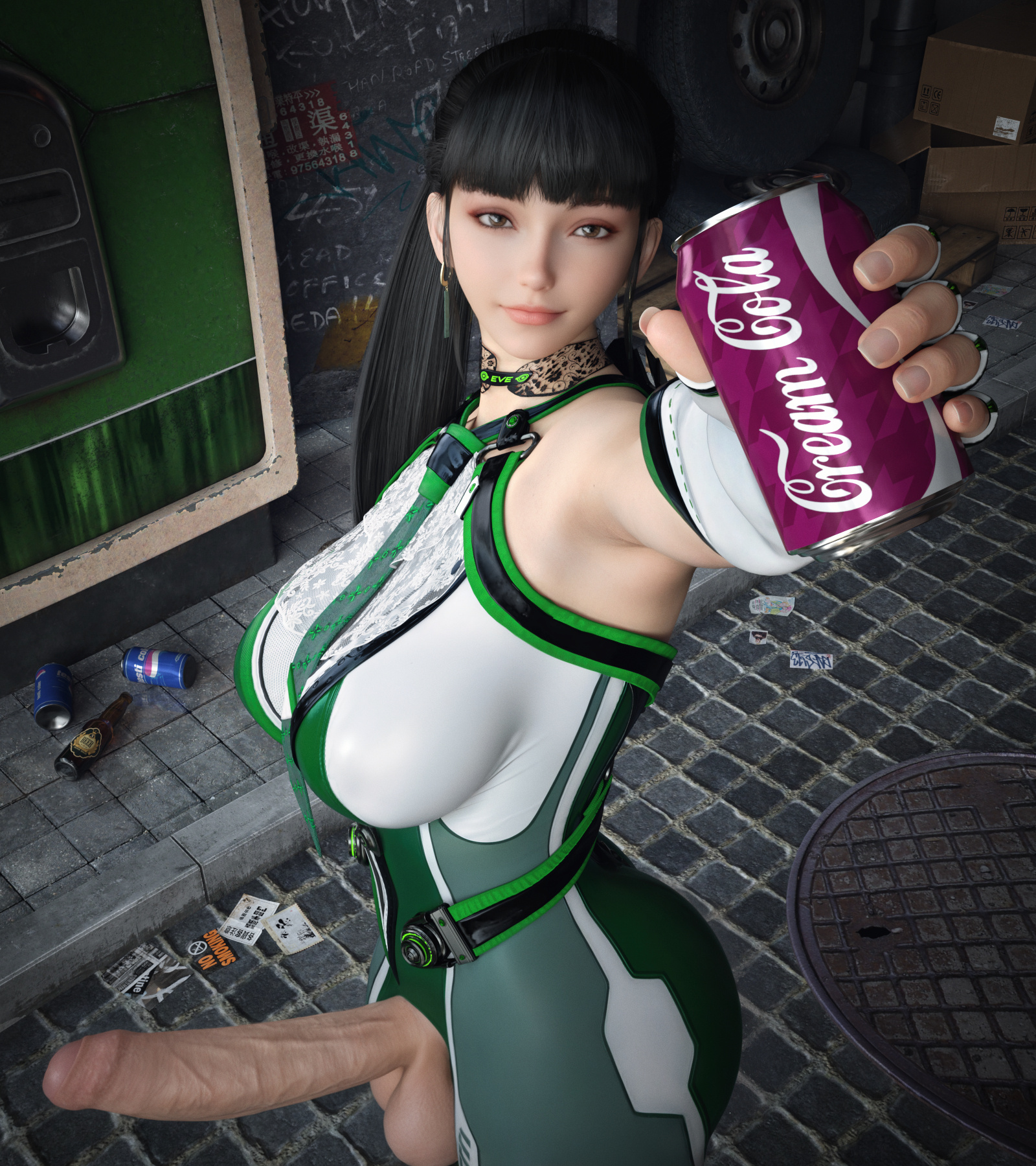 1futa, 3d, 3d (artwork), asian, asian futa, ass, balls, bangs, big ass, big balls, big breasts, big penis, black hair, blunt bangs, bodysuit, breasts, brown eyes, casual erection, casual exposure, casual nudity, curvy, earrings, eve (stellar blade), foreskin, futa only, futanari, huge penis, intersex, large breasts, light skin, light-skinned futa, long hair, looking at viewer, penis, penis out, ponytail, skin suit (stellar blade), smile, solo, stellar blade, stevencarson, uncircumcised
