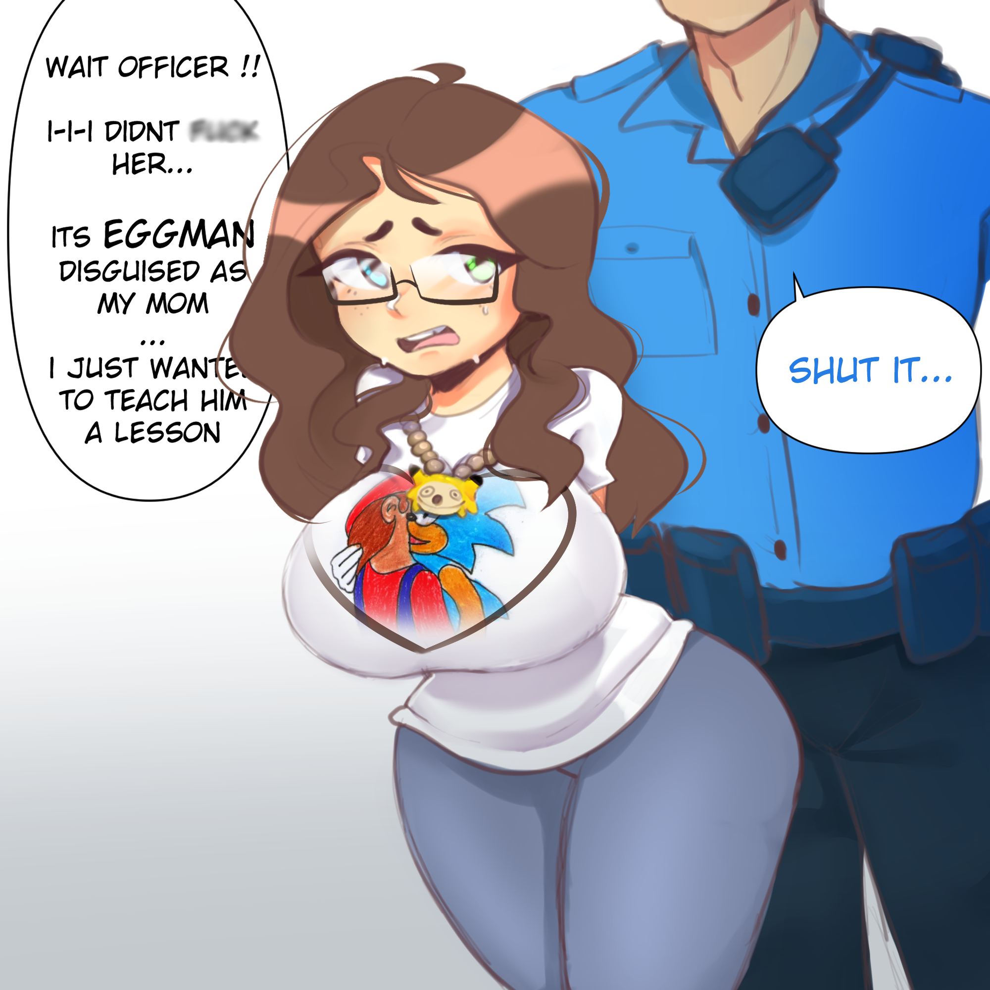 1boy, 1girls, arrest, arrested, ass, big ass, big breasts, big butt, breasts, brown hair, chris chan, chris-chan, christian weston chandler, crying, crying with eyes open, cwc, digital art, digital drawing (artwork), digital media, digital media (artwork), digital painting (artwork), english, english dialogue, english text, fair skin, female, full color, fully clothed, genderswap, genderswap (mtf), glasses, heterochromia, jeans, large ass, large breasts, light skin, lolcow, long hair, loose hair, male, meme, mishythesheep, mtf crossgender, parody, police, police officer, police uniform, policeman, rule 63, sobbing, sonichu, sonichu (series), sonichu medallion, tagme, wavy hair, whining, white background, white shirt, white skin, wide hips