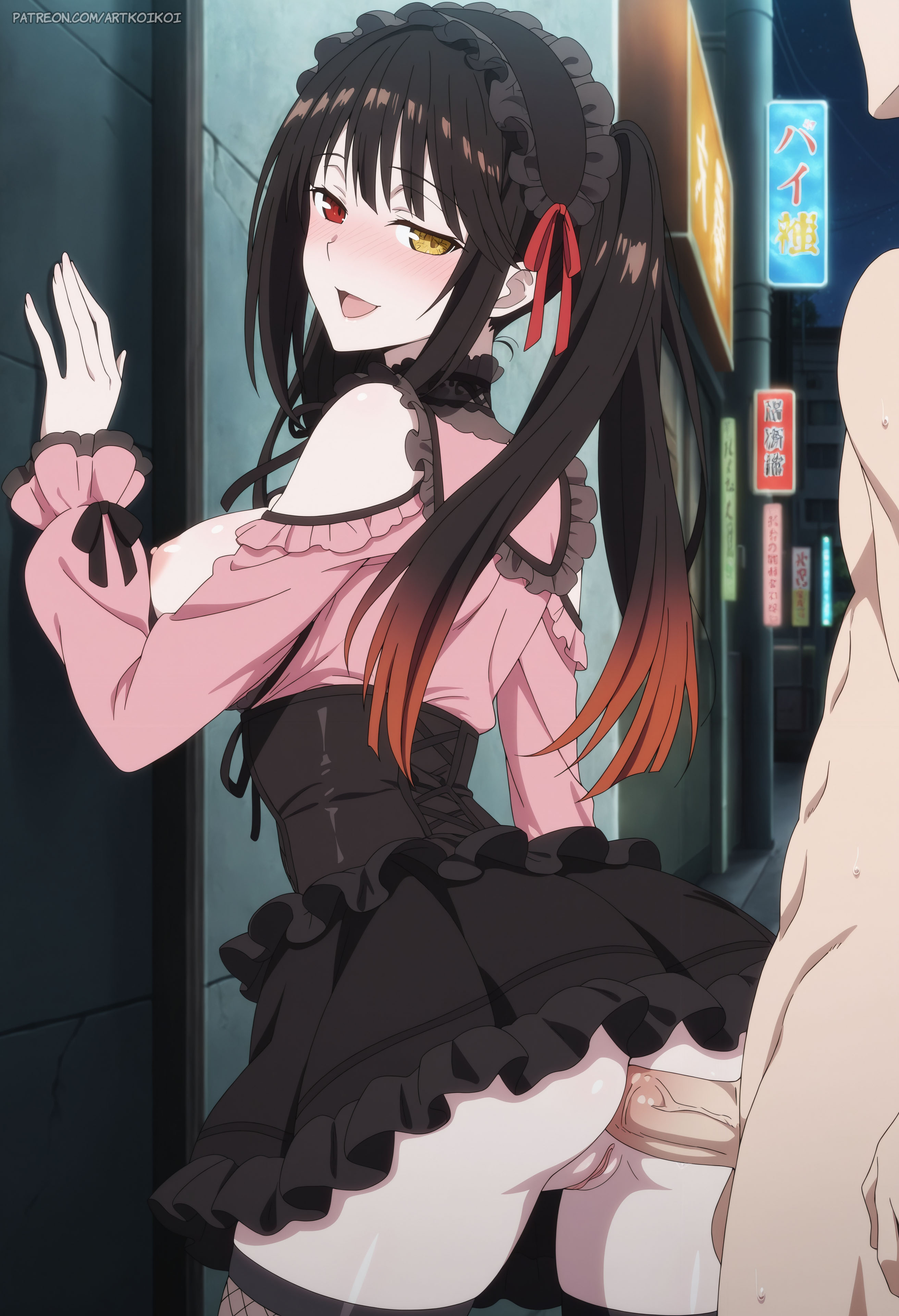 1boy, 1girls, against wall, ai generated, anal, artkoikoi, ass, ass focus, big ass, black hair, blush, breasts, clothed female nude male, cum, date a live, female, heterochromia, koikoi, large breasts, male, nipples, no panties, outdoors, penis, pussy, sex, skirt, standing sex, thighhighs, tokisaki kurumi, white skin
