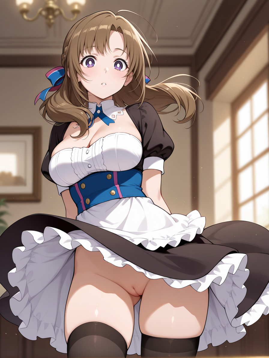 ahoge ai_generated apron arms_behind_back bangs black_dress black_legwear black_thighhighs blush bow braid breasts bright_pupils brown_hair cleavage cleft_of_venus clothes_lift clothes_pull clothing detached_collar do_you_love_your_mom_and_her_two-hit_multi-target_attacks? dress dress_pull female female female_only floating_hair frilled_apron frilled_dress frills gluteal_fold groin hair_ornament hair_ribbon headdress headwear indoors large_breasts legwear long_hair looking_at_viewer maid maid_apron maid_headdress mature mature_female medium_breasts milfhunter228 neck_ribbon nipples nopan oosuki_mamako parted_bangs parted_lips puffy_short_sleeves puffy_sleeves purple_eyes ribbon short_sleeves sidelocks skindentation skirt skirt_lift skirt_pull smile solo standing thighhighs thighs tied_hair tsuujou_kougeki_ga_zentai_kougeki_de_ni-kai_kougeki_no_okaasan_wa_suki_desu_ka? underbust uniform vagina waist_apron white_apron white_pupils wind wind_lift window
