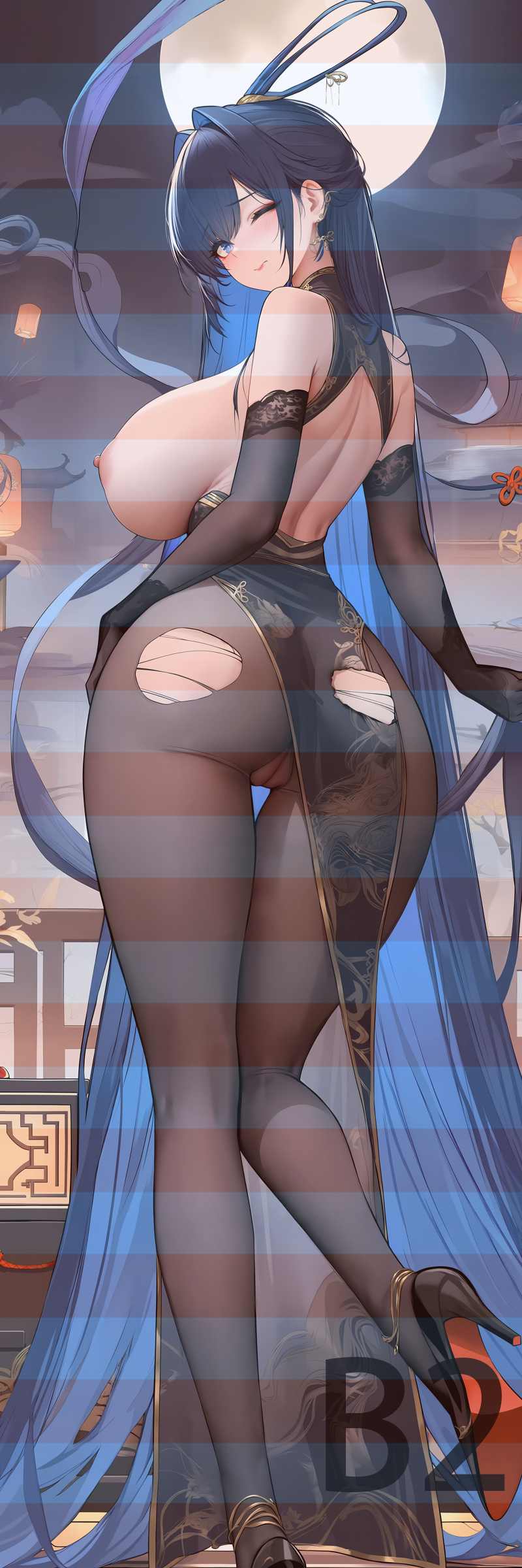 absurdly long hair, alternate costume, ass, azur lane, bare shoulders, black dress, black footwear, black gloves, black pantyhose, blue eyes, blue hair, blush, breasts, china dress, chinese clothes, dress, eagle union (azur lane), earrings, elbow gloves, female, from behind, full body, full moon, gloves, high heels, jewelry, large breasts, long hair, looking at viewer, looking back, moon, new jersey (azur lane), new jersey (dancing in the moonlight) (azur lane), nipples, pantyhose, pussy, solo, standing, torn clothes, torn pantyhose, very long hair