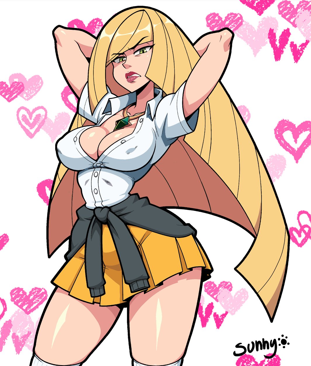 1girls 2d annoyed big_breasts blonde_hair bottomwear breasts cleavage female female_only game_freak green_eyes hair hands_behind_head hips jacket jacket_around_waist lips long_hair lusamine_(pokemon) mature mature_female milf mother necklace neckwear pokemon pokemon_sm shirt skirt solo solo_female sunny_di thighs topwear white_shirt yellow_skirt