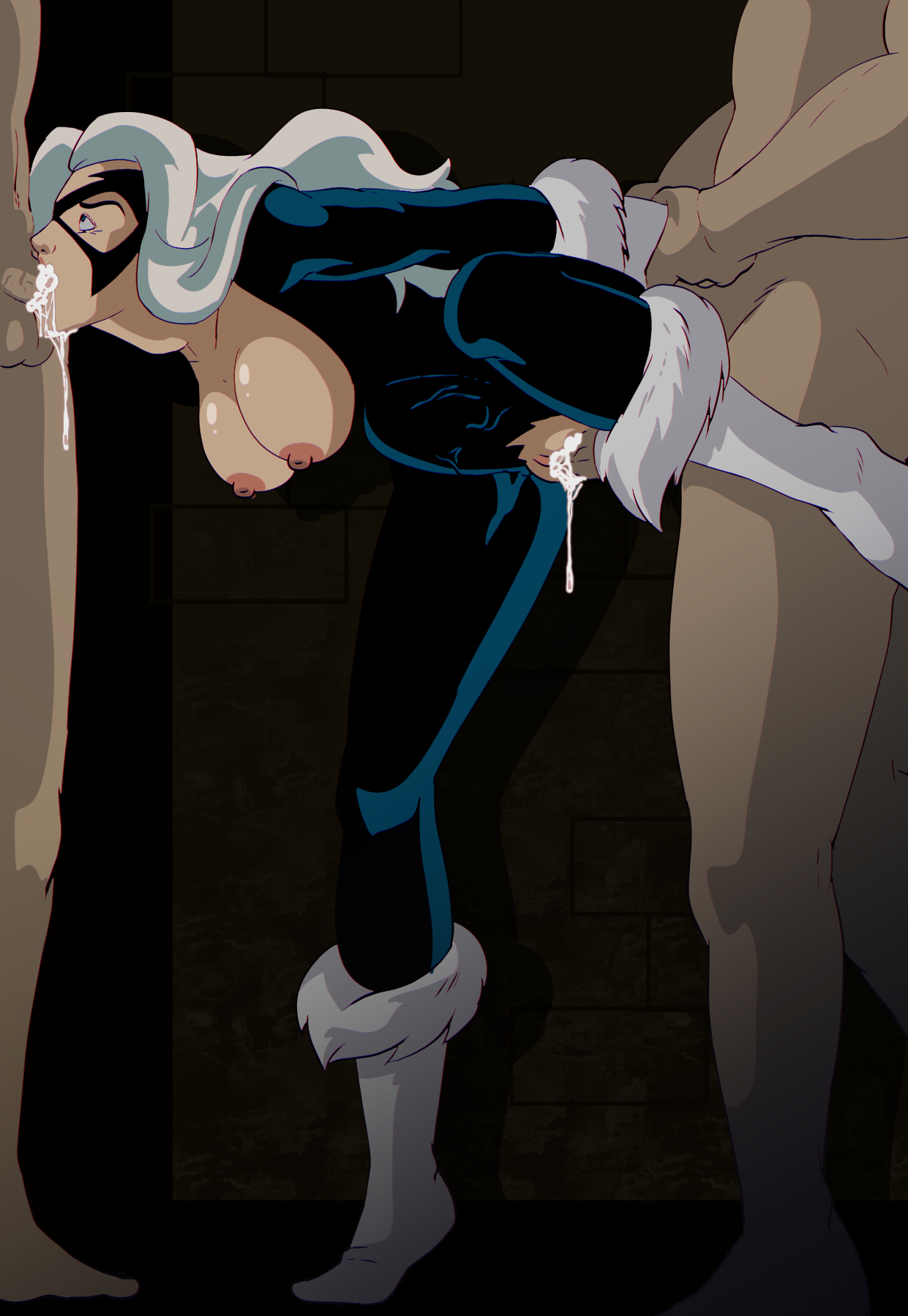 1girls, 2boys, black cat (marvel), black cat (spider-man: the animated series), boobs out, breasts, creampie, cum, cum in mouth, cum in pussy, cum inside, deepthroat, felicia hardy, female, hentainador, male, marvel, marvel comics, partial male, pussy, questionable consent, ripped clothing, spider-man (series), spider-man: the animated series, stomach bulge, tagme, threesome, threesome blowjob, threesome sex, throat bulge, throat fuck