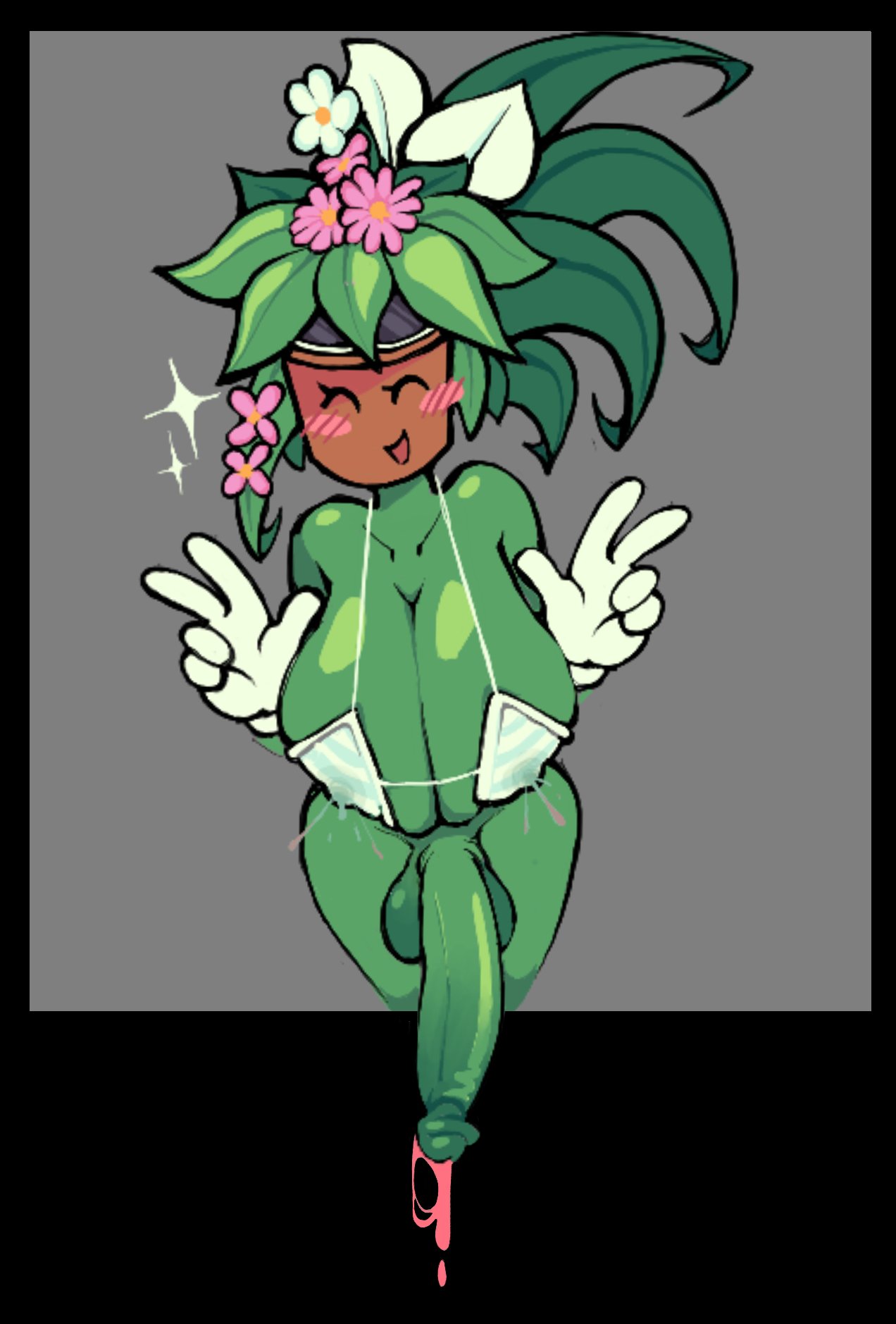 1futa, bent over, big breasts, bikini, blaster master, breasts, clothed, clothing, double peace sign, female, futa only, futanari, huge breasts, huge cock, intersex, kanna (blaster master), mostly nude, offbranded, peace sign, penis, plant, plant girl, plant humanoid, precum, solo, solo futa, tagme, thick thighs, wide hips