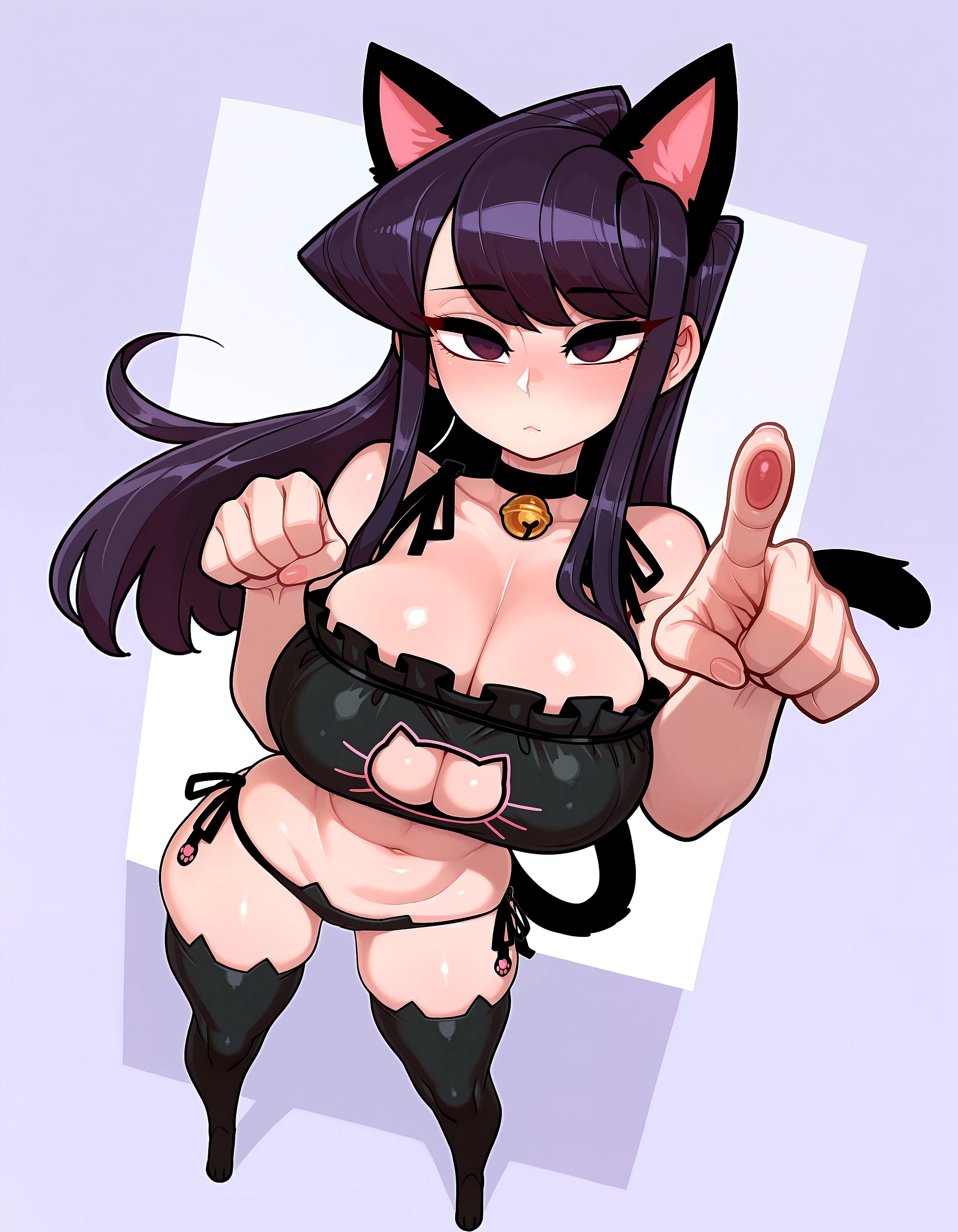 1girls, ai generated, animal ears, bangs, bell, bell choker, black bra, black eyes, black hair, black legwear, black panties, blush, bra, breasts, cat cutout, cat ear panties, cat ears, cat lingerie, choker, cleavage, cleavage cutout, collar, female, frills, funnygrifter, huge breasts, jingle bell, komi shouko, komi-san wa komyushou desu, large breasts, long hair, looking at viewer, meme attire, navel, panties, paw pose, purple hair, side-tie panties, solo, tagme, thighhighs, underwear, underwear only