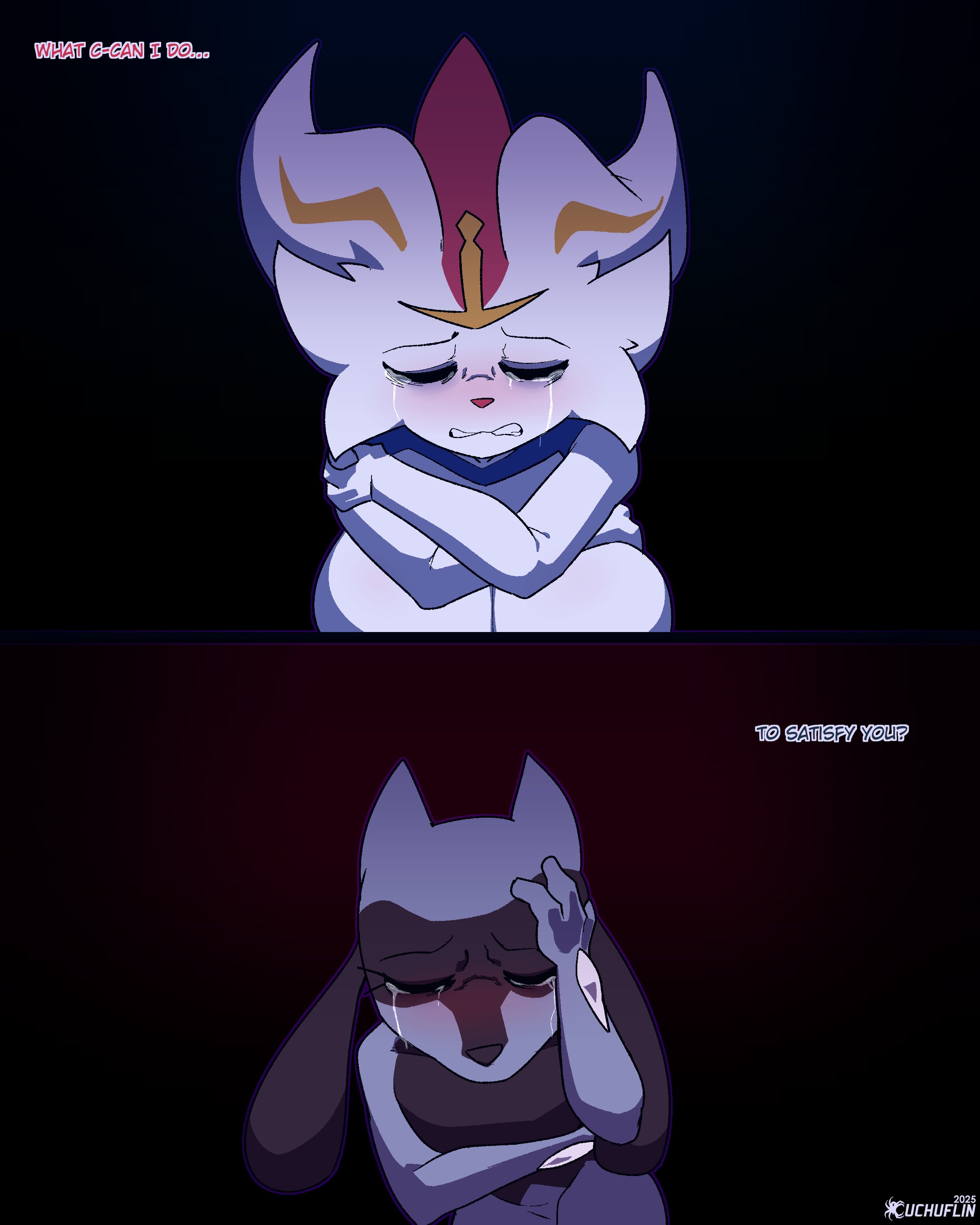 2boys, anthro, breasts, busty male, cinderace, cindy (cuchuflin), crying, cuchuflin, dialogue, huge breasts, lucario, male, male only, male with breasts, pokemon, pokemon (species), tagme, text