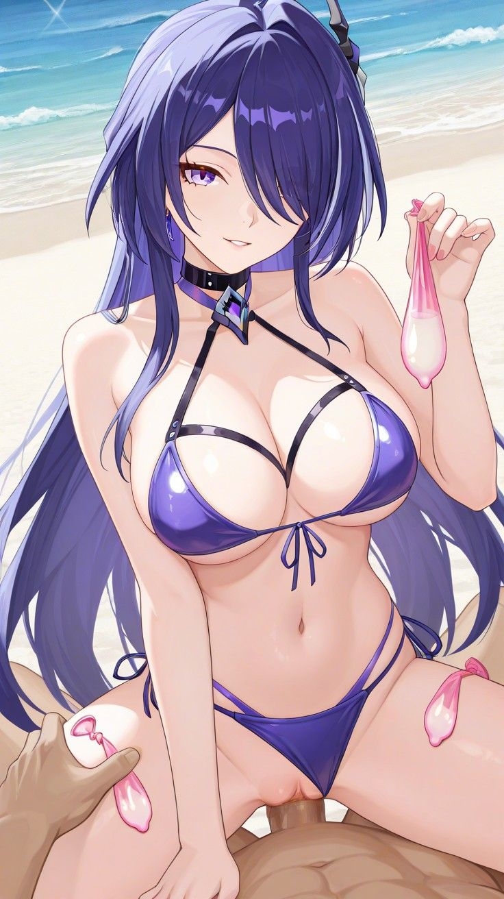1boy, 1girls, acheron (honkai: star rail), ai generated, background, bare shoulders, bareback, beach, belly, belly button, bikini, bikini aside, bikini bottom, bikini top, breasts, cleavage, cock, collar, commentary request, condom, condoms, condoms on body, cowgirl position, female, female focus, female on top, female penetrated, filled condom, hair, hair ornament, hair over one eye, hand on thigh, head tilt, holding, holding condom, holding object, honkai (series), honkai: star rail, hoyoverse, large breasts, lia the busty redhead, long hair, looking at viewer, male, male penetrating, male penetrating female, male/female, midriff, mihoyo, multiple condoms, nature, nature background, navel, ocean, outdoors, outside, penis, penis in pussy, pov, purple bikini, purple eyes, purple hair, pussy, seductive, seductive look, seductive smile, self upload, sex, sky, straight, tagme, thighs, used condoms, vaginal penetration, vaginal sex