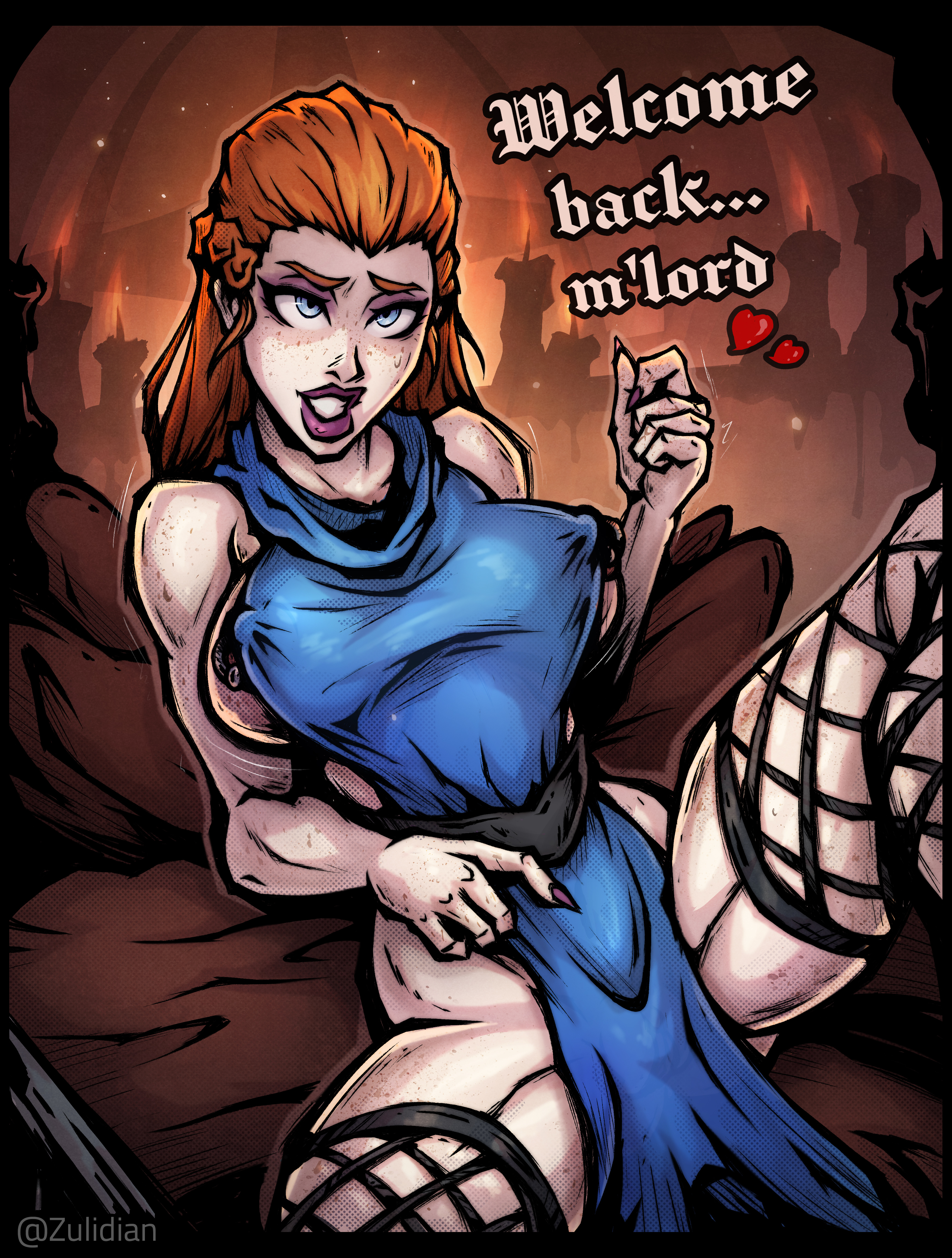 1girls, adepta sororitas, apron only, belt, big areola, big breasts, blue dress, blue eyes, braid, breasts, candle, dark background, elleanor (wogsethan), female, fishnets, freckles, freckles on breasts, freckles on face, freckles on shoulders, freckles on thighs, heart symbol, long fingernails, long hair, nipple bulge, nipple piercing, nipple rings, nipple slip, nipples, outline, pale skin, pierced nipples, piercing, purple lipstick, red hair, sister of battle, speech, sweatdrop, text, warhammer (franchise), warhammer 40k, zulidian