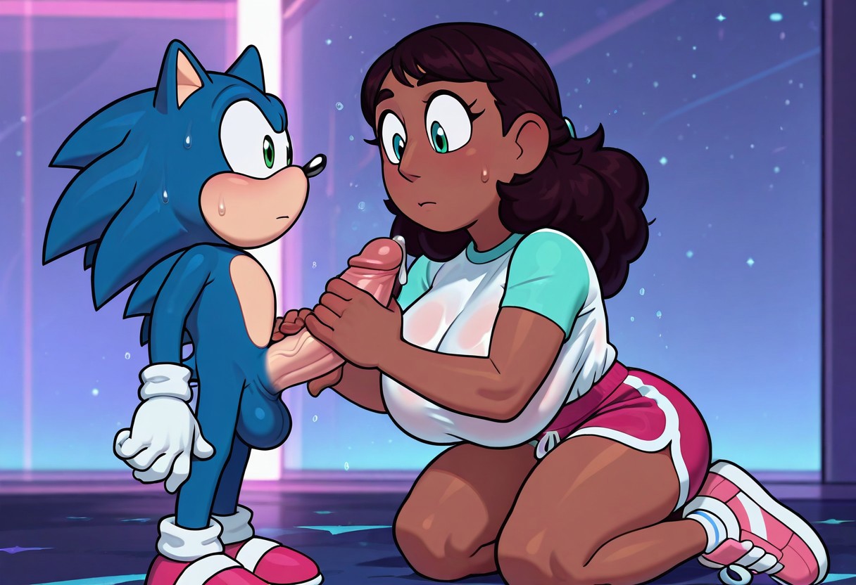 1boy, 1girls, ai generated, balls, ballsack, big breasts, bigger female, black hair, blue fur, breasts, cartoon network, civitai, civitai lora, clothed female nude male, connie maheswaran, crack pairing, crossover, dark skin, dark-skinned female, eyelashes, female, footwear, gloves, green eyes, green-eyed male, hand on penis, handjob, hands on penis, handwear, handwear and footwear only, illustrious (stable diffusion), interspecies, kneeling, long hair, male, movie sonic, paramount pictures, penis, penis bigger than head, penis bigger than torso, penis out, precum, precum drip, precum on penis, red shoes, sega, shoes, shorts, size difference, smaller male, sonic (series), sonic the hedgehog, sonic the hedgehog (film), sonic the hedgehog (series), steven universe, steven universe future, sweating, tagme, thick thighs, thighs, weird crossover, wet shirt, white gloves
