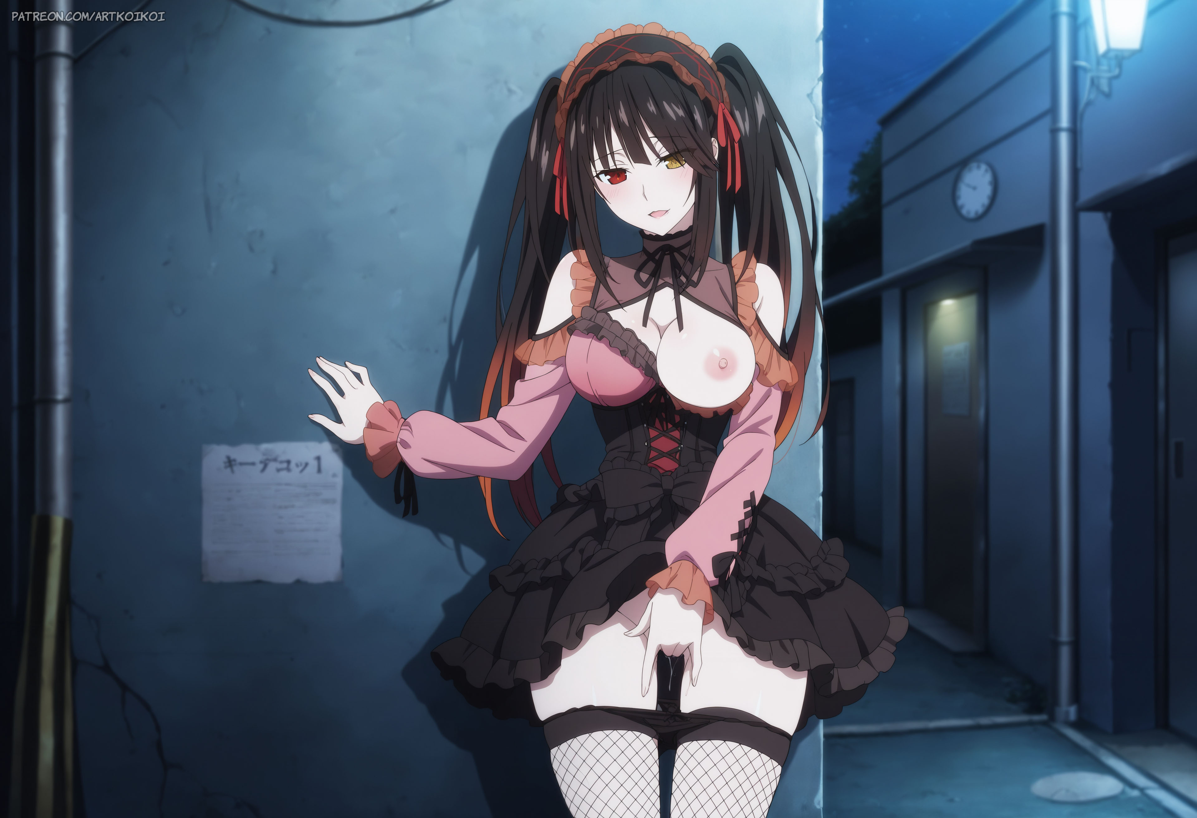 1girls, against wall, ai generated, artkoikoi, ass, ass focus, black hair, breasts, cum, date a live, female, female masturbation, fingering, fishnets, heterochromia, koikoi, large breasts, masturbation, nipples, no panties, one breast out, pussy, skirt, skirt lift, solo, standing masturbation, thighhighs, tokisaki kurumi, white skin
