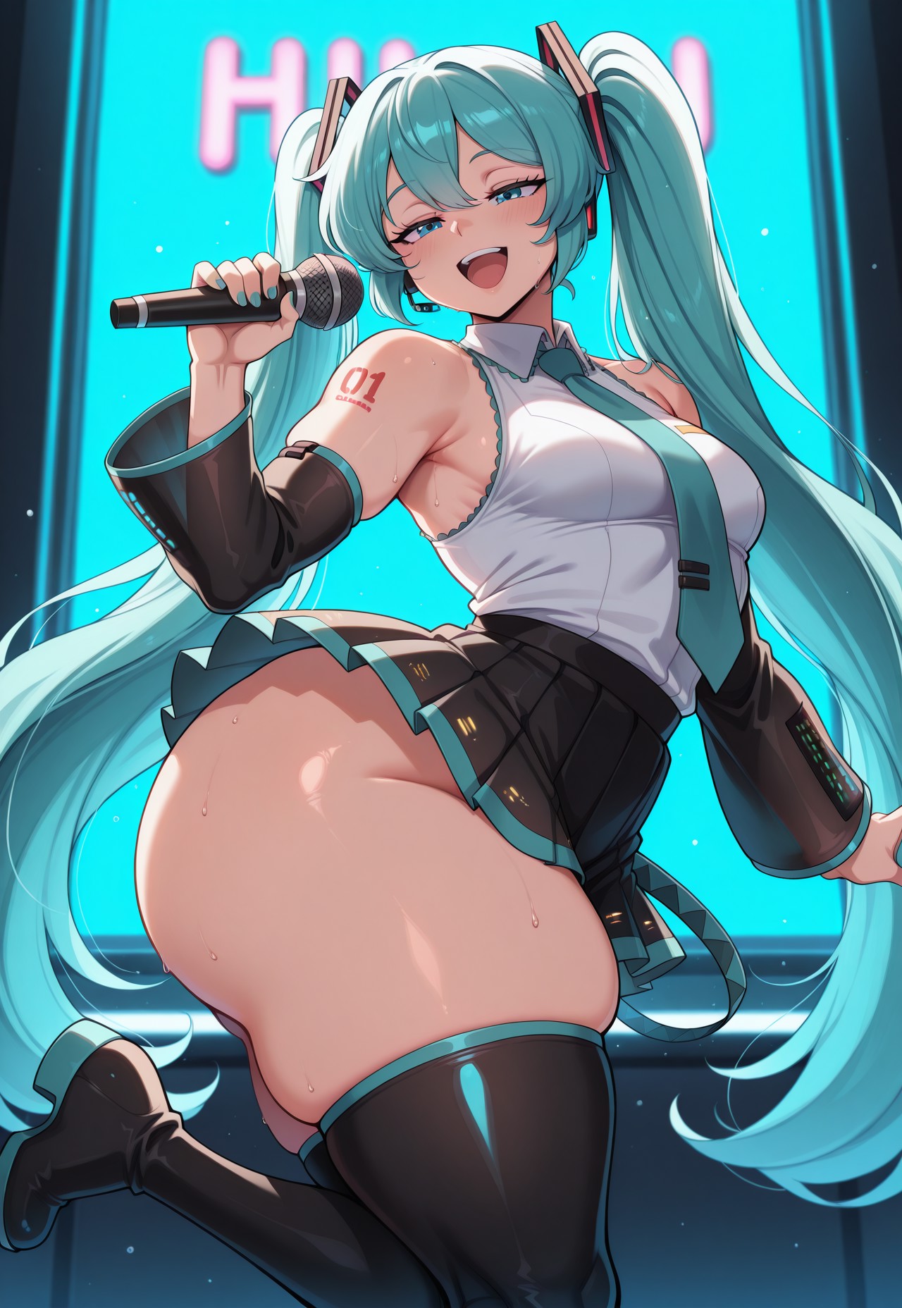 1girl, 1girls, ai generated, aqua eyes, aqua hair, aqua nails, ass, bare shoulders, black skirt, black thighhighs, blue eyes, blue hair, blush, boots, breasts, bubble butt, detached sleeves, female, gilndo8, hatsune miku, holding, holding microphone, huge ass, large ass, long hair, looking at viewer, medium breasts, microphone, necktie, open mouth, pleated skirt, skindentation, skirt, smile, solo, sweat, tattoo, thick thighs, thigh boots, thighhighs, thighs, tie, twintails, very long hair, vocaloid