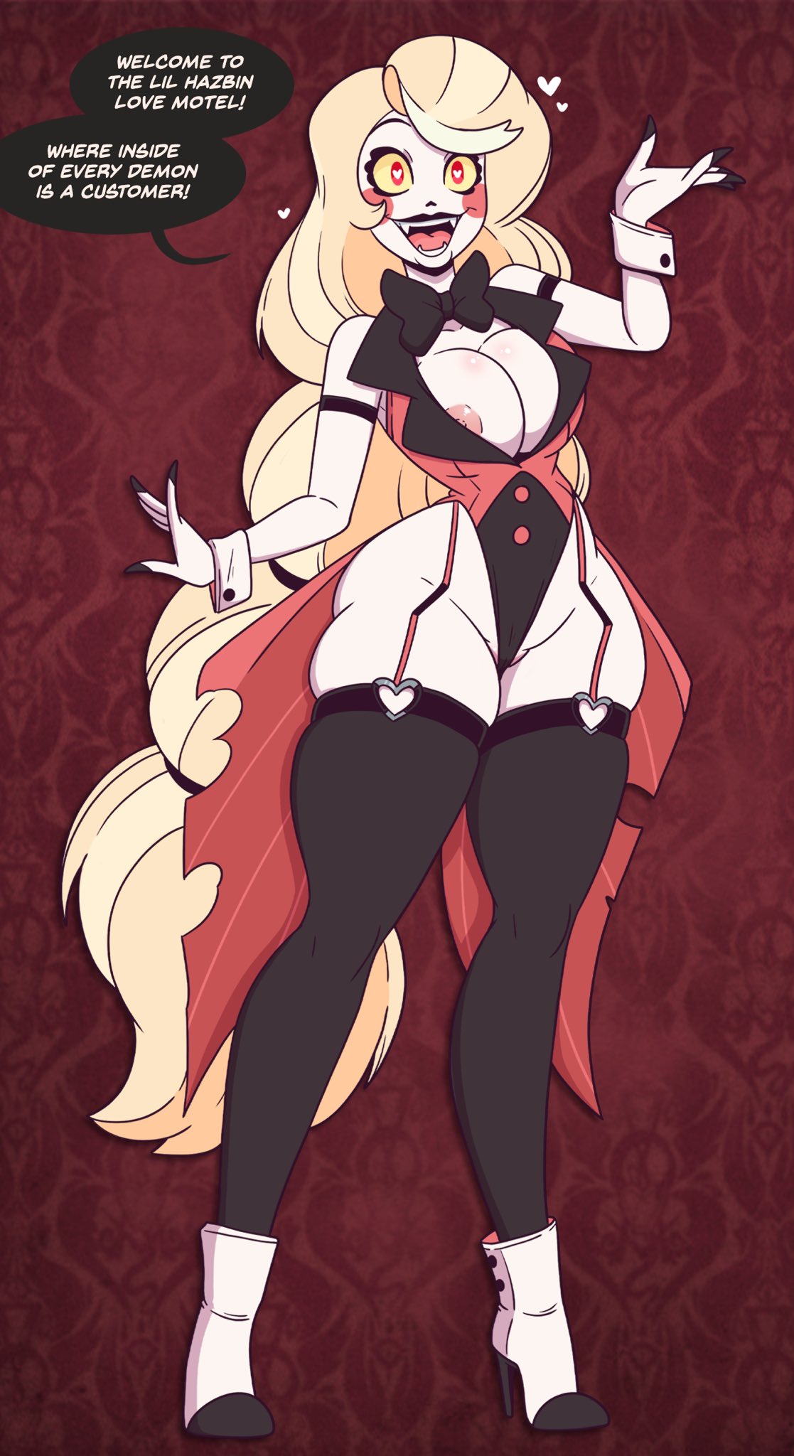 alternate body type, alternate breast size, alternate costume, bimbo, bimbofication, brain drain, brainwashing, breasts, charlie morningstar (hazbin hotel), female, female only, hazbin hotel, heart-shaped pupils, high heel boots, high heels, hourglass figure, hypnosis, mind control, nipple slip, skimpy clothes, thighhighs, wrenzephyr2
