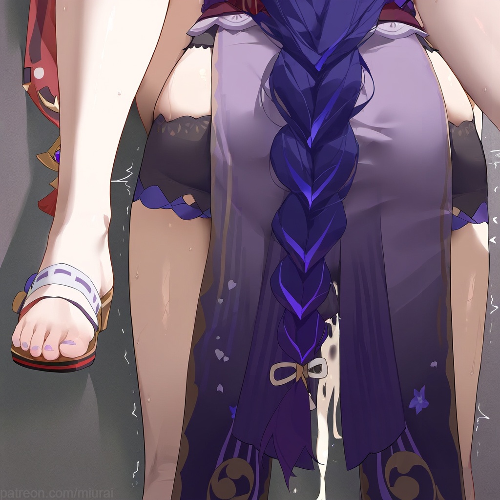 2girls after_sex ai_generated ass braid braided_ponytail cum cumdrip feet female from_behind implied implied_sex japanese_clothes legs lesbian_sex long_hair lower_body multiple_girls mur_ai_nsfw nail_polish okobo purple_hair purple_nails raiden_shogun sandals standing sweat thighs toenail_polish toenails toes trembling very_long_hair yae_miko yuri