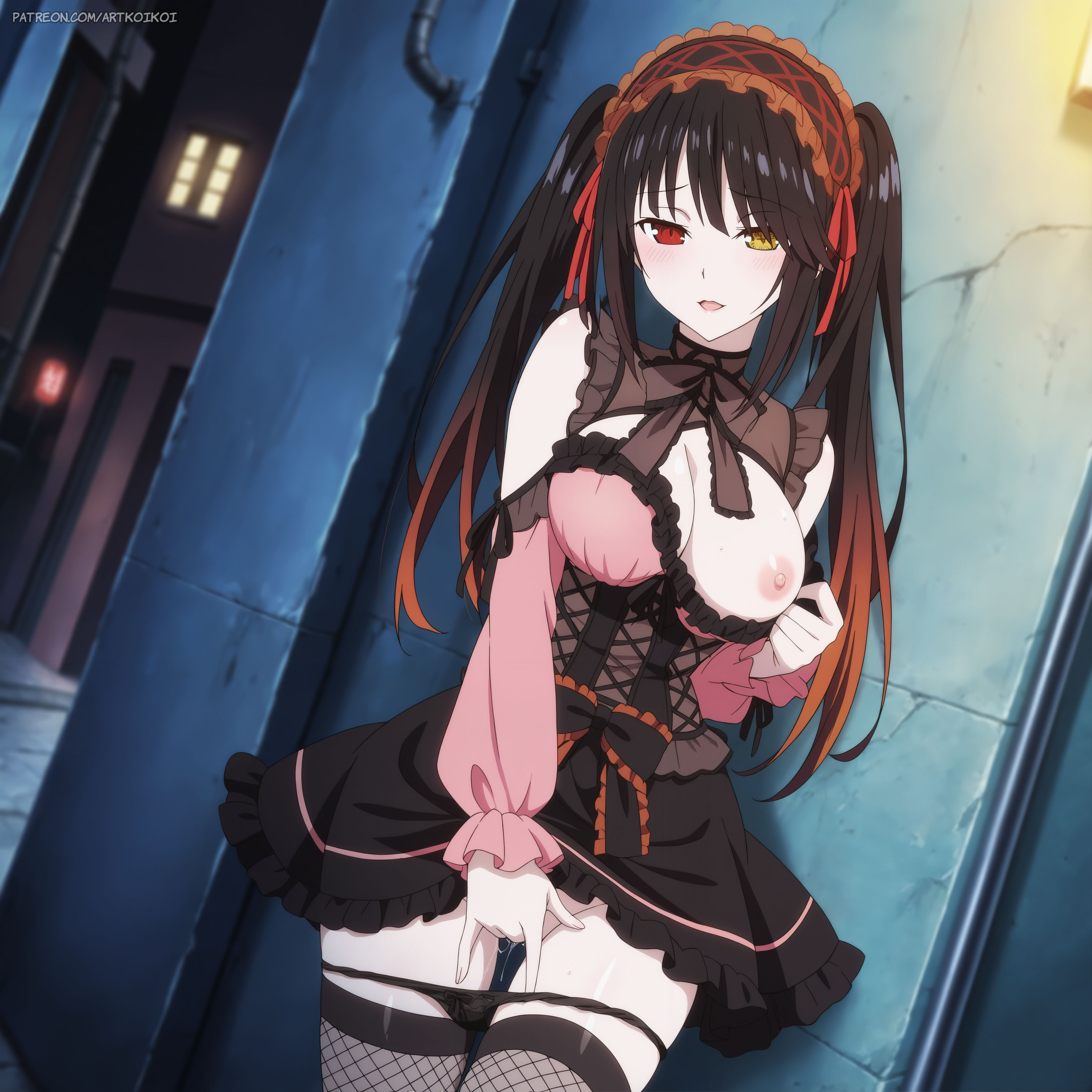 1girls, ai generated, artkoikoi, ass, ass focus, black hair, breasts, cum, date a live, dress, female, female masturbation, fingering, fishnets, heterochromia, koikoi, masturbation, one breast out, outdoors, panties, panties down, pussy, skirt, solo, standing masturbation, thighhighs, tokisaki kurumi, white skin