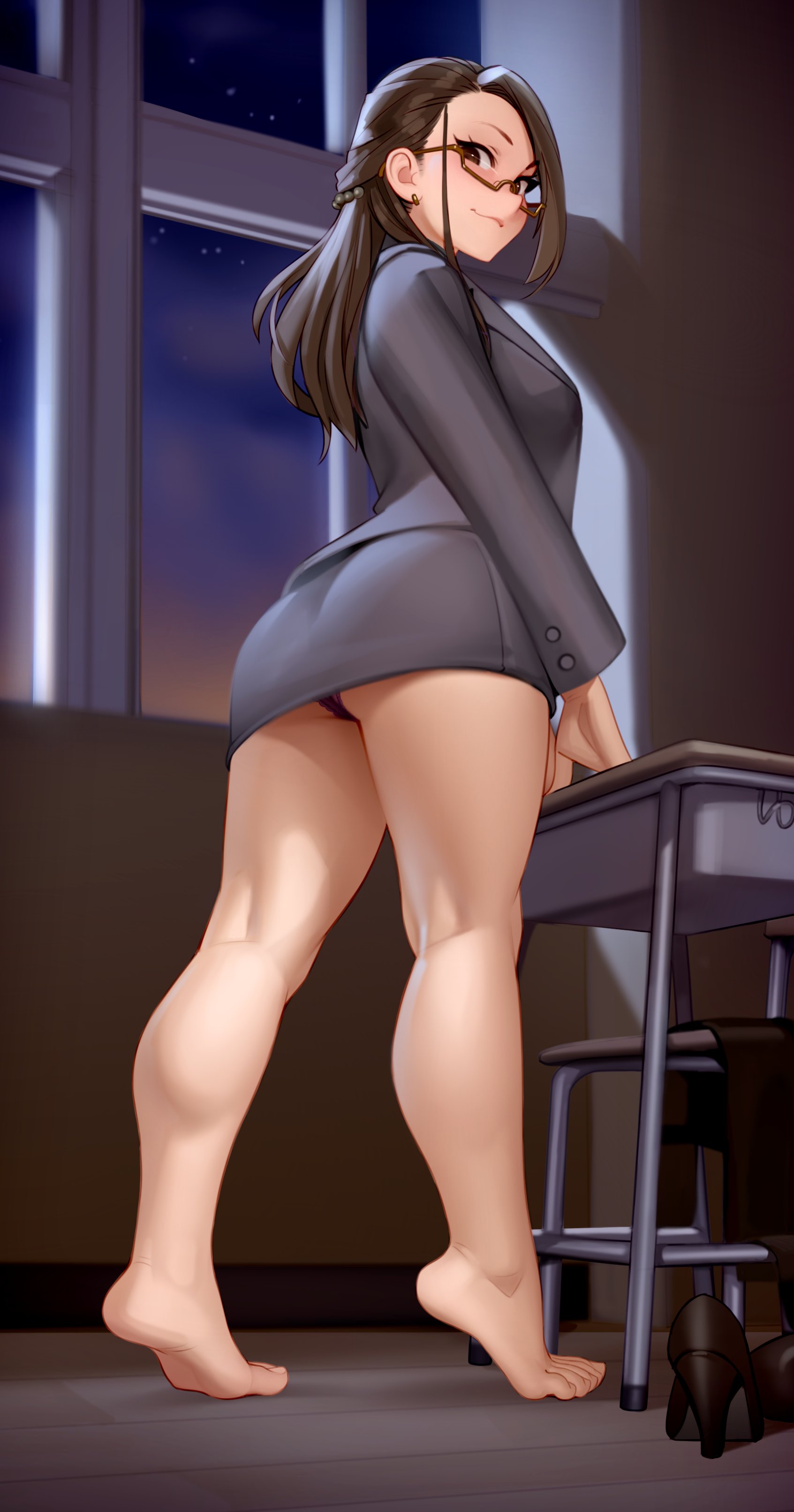 absurdres, bare legs, barefoot, black panties, black shoes, brown hair, brown-framed eyewear, chair, classroom, commentary, desk, earrings, english commentary, evening, feet, female, from side, full body, glasses, grey jacket, half updo, high heels, highres, indoors, jacket, jewelry, kairuhentai, kairunoburogu, kneepits, lace, lace trim, lace-trimmed panties, large variant set, legs, long hair, long sleeves, looking at viewer, miru tights, okuzumi yuiko, panties, pantyshot, school desk, semi-rimless eyewear, shoes, smile, solo, standing, teacher, tiptoes, toes, under-rim eyewear, underwear, unworn pantyhose, unworn shoes, variant set, window