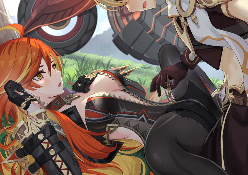 aether (genshin impact), artist request, blonde hair, bodysuit, breasts, female, genshin impact, gloves, legs apart, mavuika (genshin impact), orange hair, tagme, unzipped bodysuit
