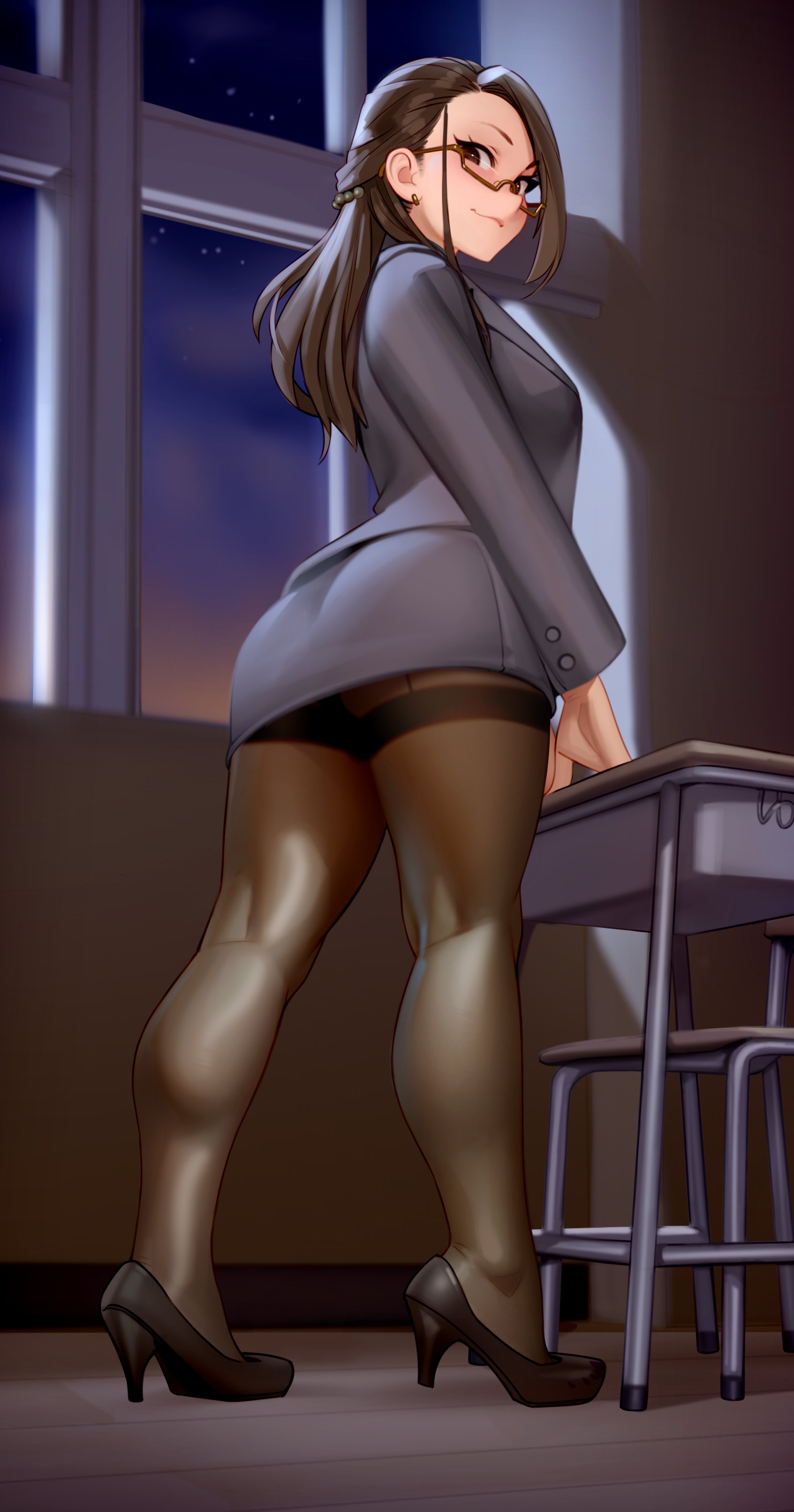 absurdres, black pantyhose, black shoes, brown hair, brown-framed eyewear, calves, chair, classroom, commentary, defined calves, desk, earrings, english commentary, evening, female, from side, full body, glasses, grey jacket, half updo, high heels, highres, indoors, jacket, jewelry, kairuhentai, kairunoburogu, kneepits, large variant set, long hair, long sleeves, looking at viewer, miru tights, okuzumi yuiko, pantyhose, revision, school desk, semi-rimless eyewear, shoes, smile, solo, standing, teacher, thighband pantyhose, under-rim eyewear, variant set, window