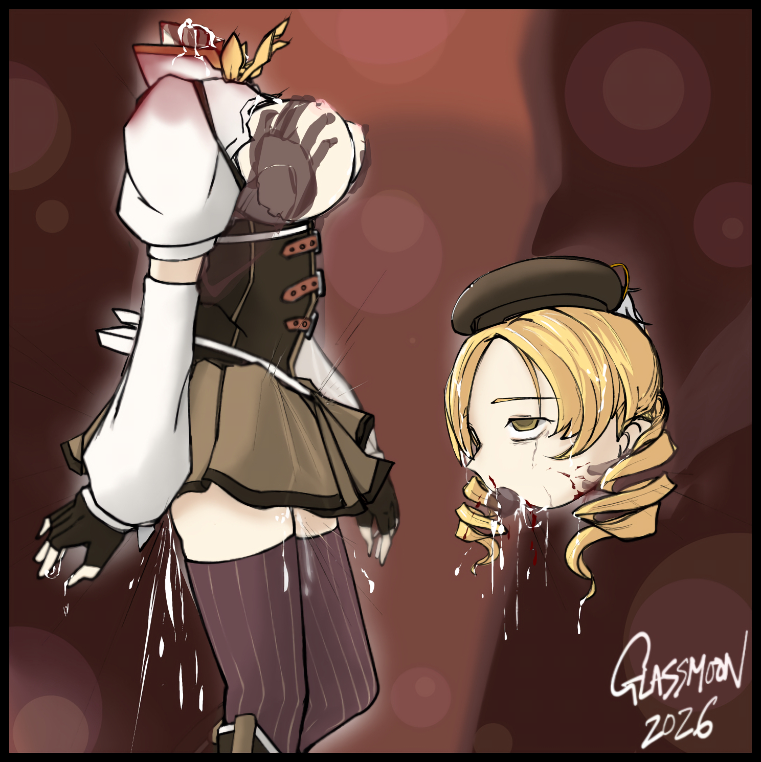 1girl, 1girls, 2boys, beret, blonde hair, blood, breast grab, breasts, corpse, cum, death, decapitation, defeat, drill hair, empty eyes, execution, female death, fingerless gloves, glassmoonworks, gloves, gore, guro, hat, huge breasts, long hair, magical girl, mahou shoujo madoka magica, necrophilia, nipples, open clothes, reverse deepthroat, sex, skull fucking, snuff, straight, thighhighs, tomoe mami, tomoe mami (magical girl), twin drills, twintails, yellow eyes