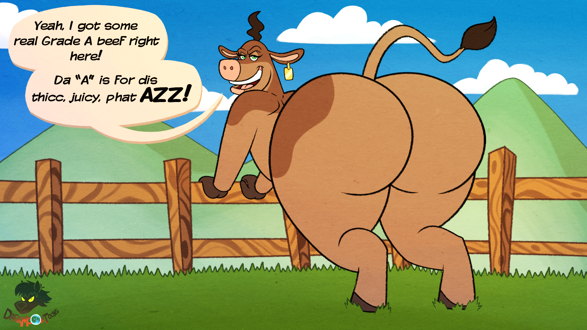 2022, 2d, 2d (artwork), 2d artwork, against fence, anthro, ass, ass bigger than head, ass focus, back at the barnyard, barnyard (film), bessy (back at the barnyard), big ass, big butt, blu3danny, bovid, bovine, brown body, brown hair, brown skin, bubble ass, bubble butt, butt focus, dannydukehazard, darkmoontoons, digital art, digital drawing (artwork), digital media (artwork), female, fence, furry, furry female, grass, huge ass, huge butt, nickelodeon, outdoors, tagme, thick, thick ass, thick legs, thick thighs