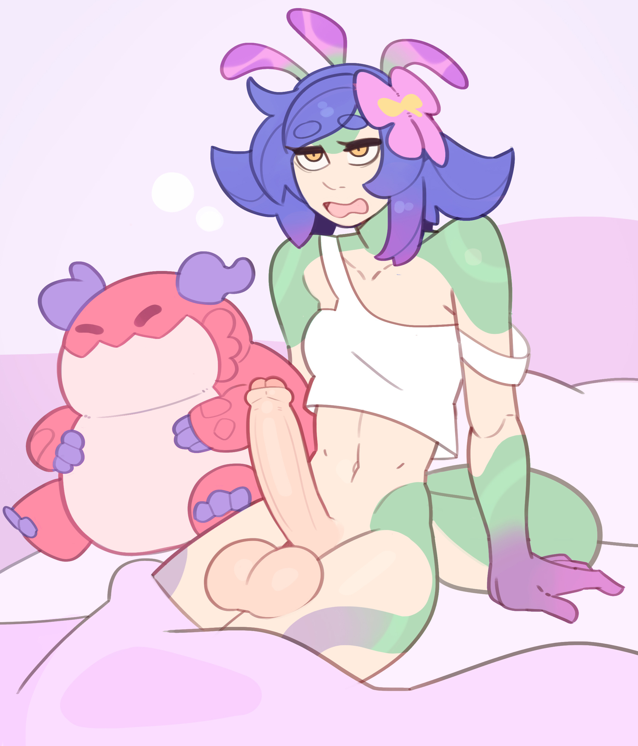 1futa, balls, big balls, big penis, breasts, clothed, clothing, erect penis, erection, futa only, futanari, huge cock, humanoid, humanoid penis, intersex, league of legends, light skin, light-skinned futa, morning wood, mostly nude, naked, naked futa, neeko, nude, nude futa, on bed, orange eyes, penis, pillow, purple hair, sitting, smooth balls, smooth penis, solo, splashbrush, tail