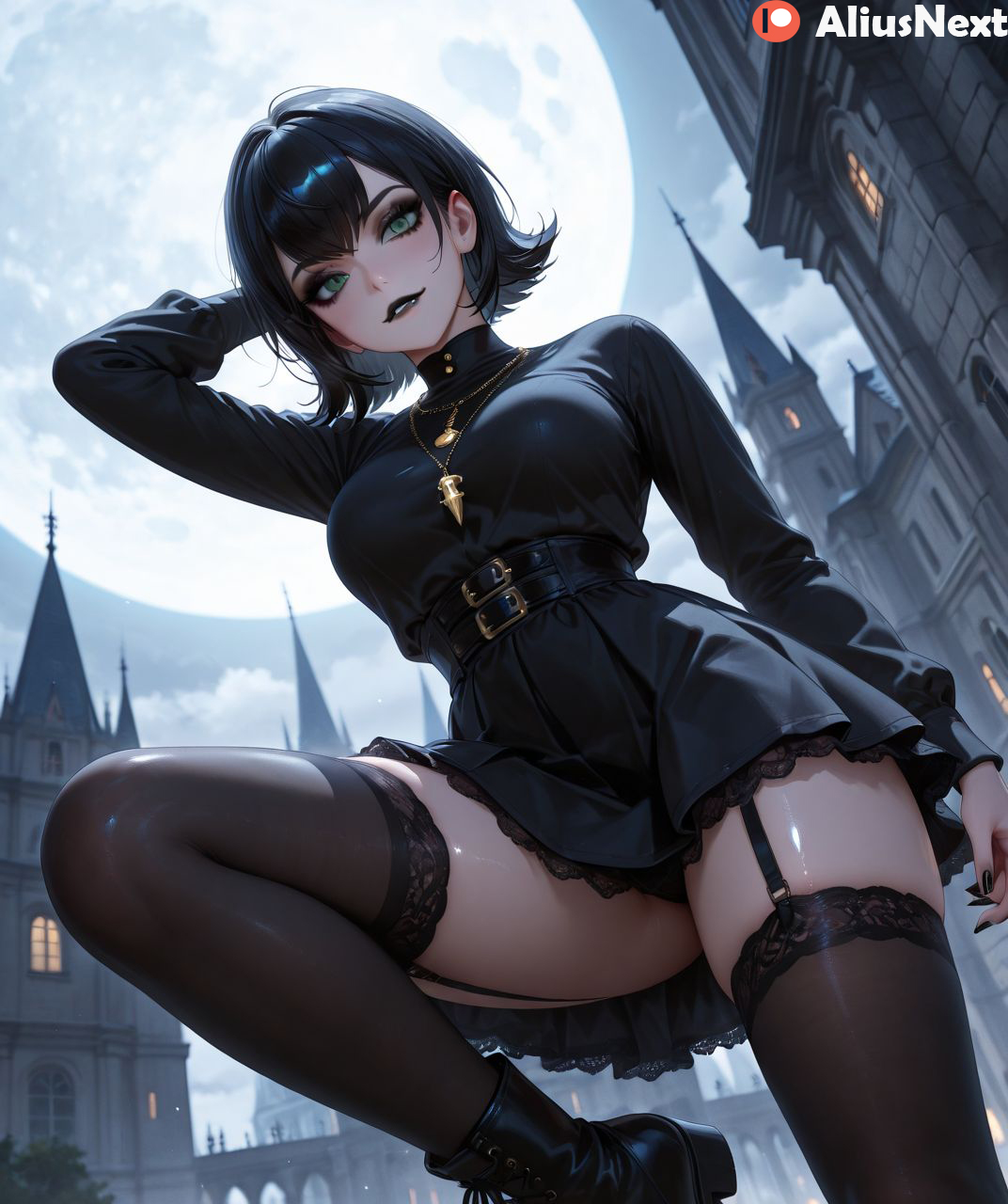 1girls, ai generated, aliusnext, ass, big ass, big breasts, black hair, breasts, female, female only, goth, goth girl, gothic, gothic girl, gothic lolita, green eyes, hi res, high quality, high resolution, highres, hotel transylvania, light skin, light-skinned female, lingerie, mature, mature female, mavis dracula, pale skin, pale-skinned female, patreon, short hair, stockings, sweat, sweatdrop, sweating, sweaty, sweaty body, sweaty breasts, thick, thick ass, thick hips, thick legs, thick lips, thick thighs