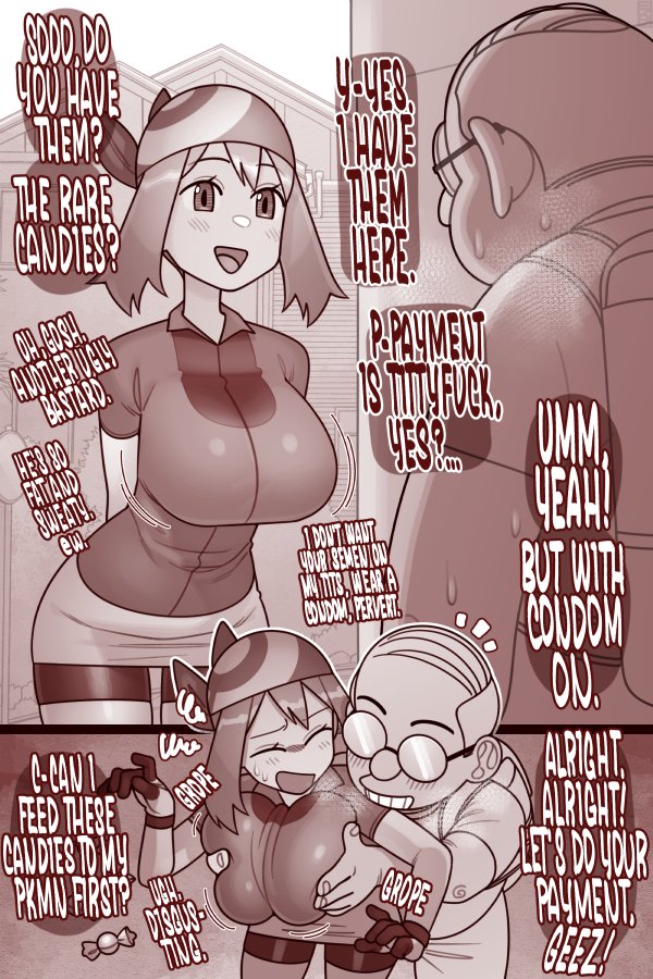 1boy, 1girls, annoyed, annoyed expression, annoyed face, ass, backpack, bald, bald male, bandana, bargaining, bitchy, breast grab, breast squeeze, breasts, clothed, deal, dialogue, disgust, disgusted, eager, ekz, ekz (robotekz), embarrassed, female, gen 3 pokemon, generation 3 pokemon, glasses, gloves, grin, grind, grinding, grinning, grinning at viewer, grope, grope from behind, groping, groping breast, groping breasts, hates it, large breasts, making fun of, male, massive breasts, massive tits, may (pokemon rs), may (pokemon), monochrome, negotiations, non-monetary prostitution, old male, older male, older male and younger female, payment, pervert, pervert male, pokemon, pokemon rse, pokemon trainer, pretending to like it, prostitution, rare candy, shopkeeper, shorts, stuttering, sweat, sweating, sweating profusely, teenage female, teenager, trade, trade offer, ugly bastard, young, younger female