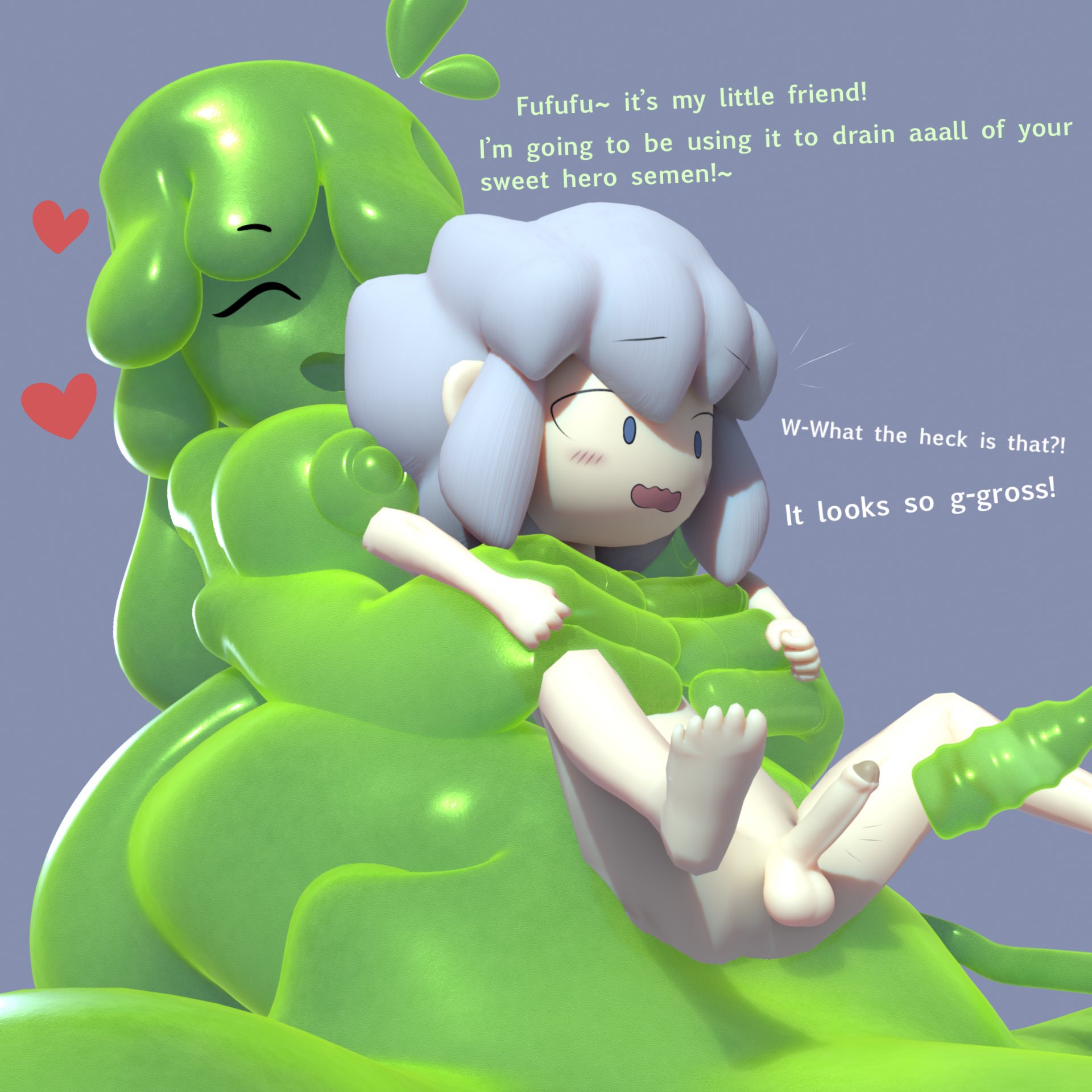 3d, breasts, brickey, english text, female, little penis, male, non-human, original, original characters, penis, slime girl, slymee, sycneit (artist), text