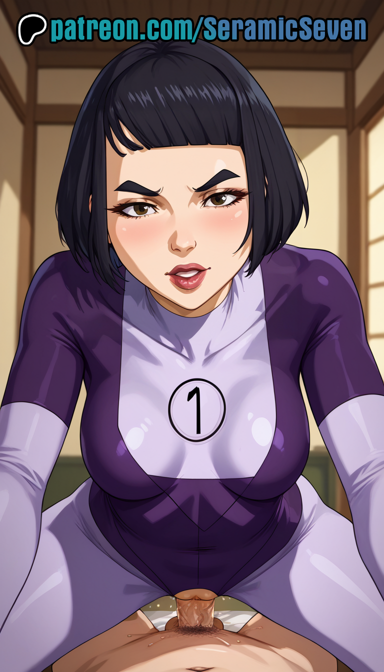 1boy, 1girls, 2d, ai, ai generated, anime, anime style, clothed, clothed female, clothed female nude male, clothed sex, completely naked, completely nude, cowgirl position, dark hair, dupli-kate, eye contact, female, female on top, hetero sex, heterosexual, invincible, invincible (tv series), light skin, light-skinned female, light-skinned male, looking at viewer, male, male pov, male/female, naked, nude, nude male, parted lips, penis, pov, pov male, pussy, seramic seven, sex, sexual intercourse, short hair, skintight, skintight bodysuit, straight, superhero costume, uncensored, uncensored penis, vaginal insertion, vaginal penetration, vaginal sex