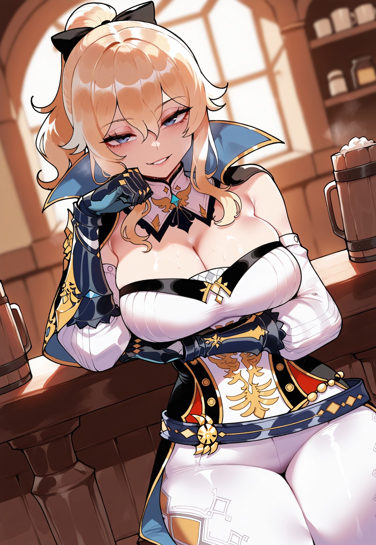 1girls, ai generated, bar (place), blonde female, blonde hair, blue eyes, civitai, cleavage, dug-lith-pls, female, female focus, female only, gauntlets, genshin impact, hoyoverse, jean gunnhildr, ponytail, seductive, seductive eyes, seductive look, seductive smile, shoulderless dress, shoulderless shirt, shoulderless topwear, solo, solo female, solo focus, tagme, tavern