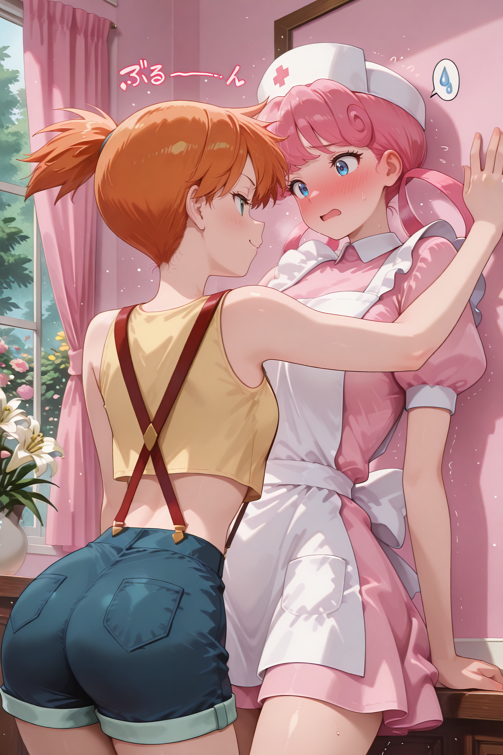 2girls ai_generated apron arm_support ass asymmetrical_hair bangs bare_arms bare_shoulders blue_eyes blue_shorts blush bodily_fluids breasts closed_mouth clothing crop_top curtains denim denim_shorts dress eye_contact female flower flying_sweatdrops green_eyes gym_leader hair_rings hat headwear heart indoors kasumi_(pokemon) looking_at_another multiple_girls nurse nurse_cap nurse_joy open_mouth orange_hair pink_dress pink_hair pink_shirt pokemon pokemon_character pokemon_species ponytail protagonist_(pokemon) puffy_short_sleeves puffy_sleeves shirt short_hair short_shorts short_sleeves shorts side_ponytail sleeveless smile spoken_sweatdrop suspenders sweat sweatdrop tank_top thighs tied_hair twintails vase wall_slam white_apron white_flower white_headwear window yellow_shirt yellow_tank_top yuri