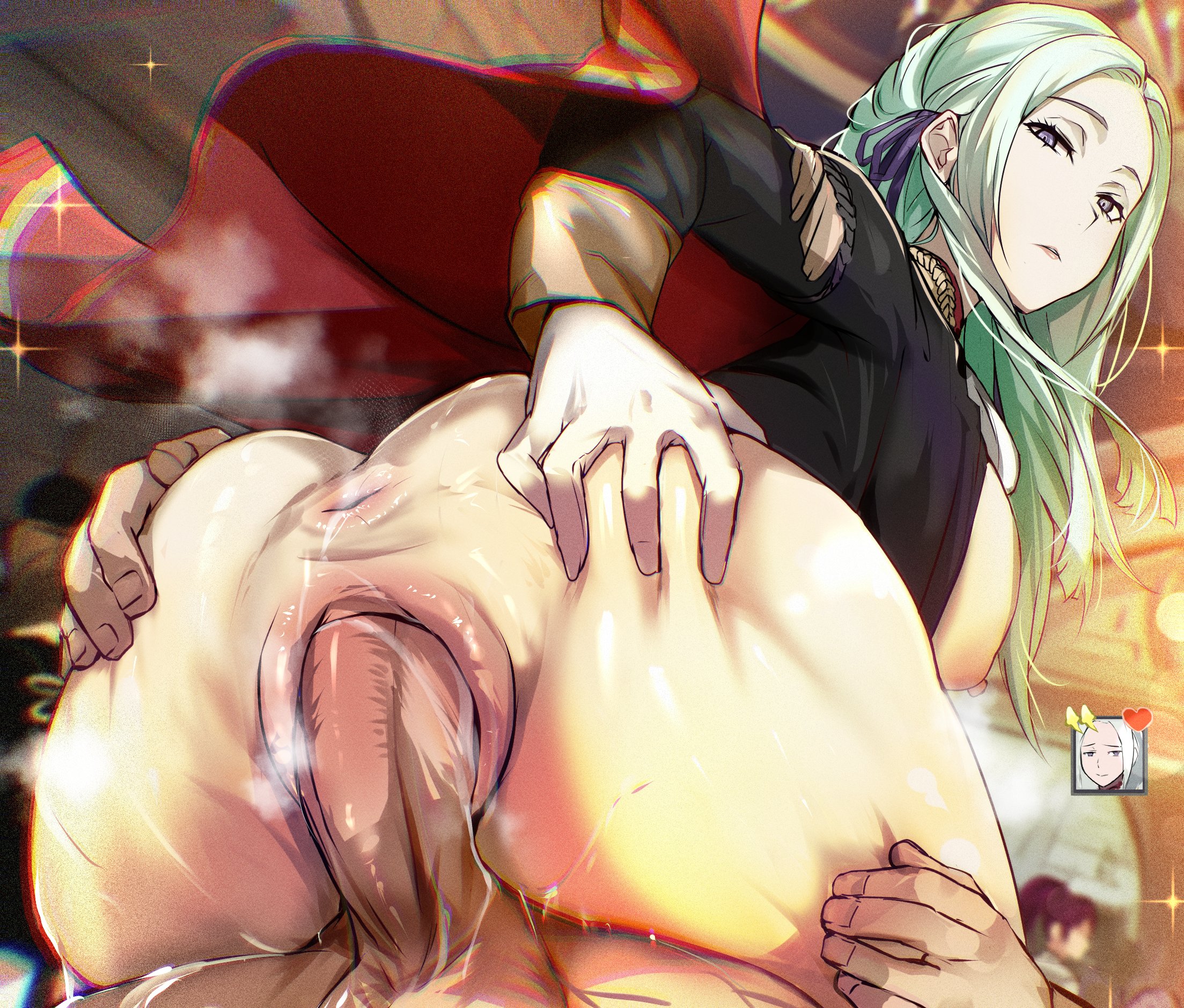 ass, balls, big balls, big penis, breasts, breasts out, byleth (fire emblem) (male), cafekun, edelgard von hresvelg, female, fire emblem, fire emblem: three houses, grabbing own ass, human, human female, human male, human only, light skin, light-skinned female, light-skinned male, looking back, male, nintendo, nipples, penetration, penis, pussy, pussy juice, sex, spread ass, steam, twitter link, unseen male face, vaginal, vaginal only